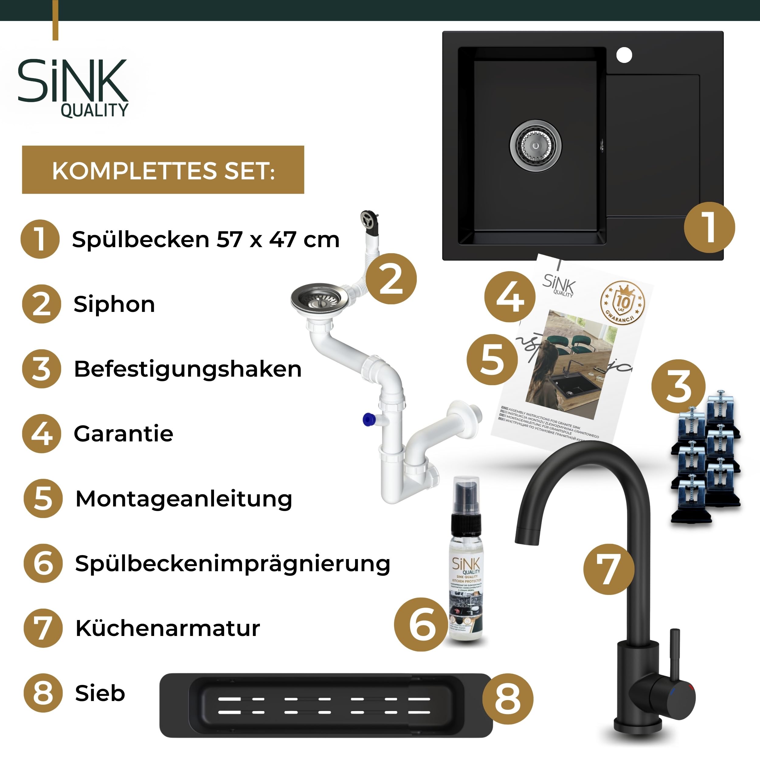 SINK QUALITY Lavello in granito nero con rubinetto 58 x 47 – Lavello con sifone e impregnante – Lavello da cucina nero con scolapiatti per mobile da 50 pezzi