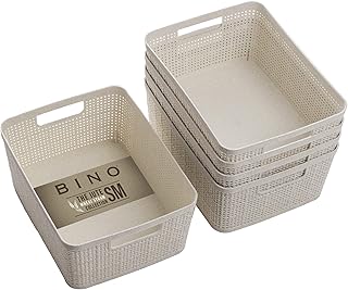 BINO | Woven Plastic Basket | Small (Natural), 5-Pack | THE JUTE COLLECTION | Home Organization, Space - Saving Storage, Stylish Design | Jute Basket | Plastic Storage Basket