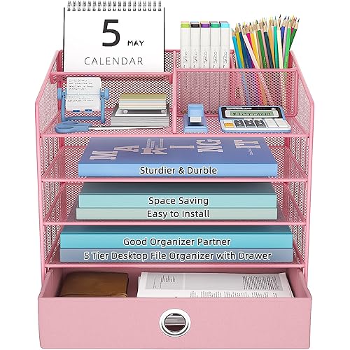 Mesh Desk Organizer with Drawer,5-Tier Paper Letter Tray Organizer with 2 Pen Holder,Mesh Desktop Organizer with 9 Sections Suit for Home School Office Supplies
