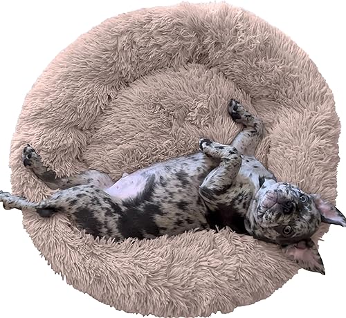 Puppington Cama para perro ultra calmante antiansiedad, cama para perro con forma de dona, de piel sintética de lujo, lavable, SM-MED (latte (beige))