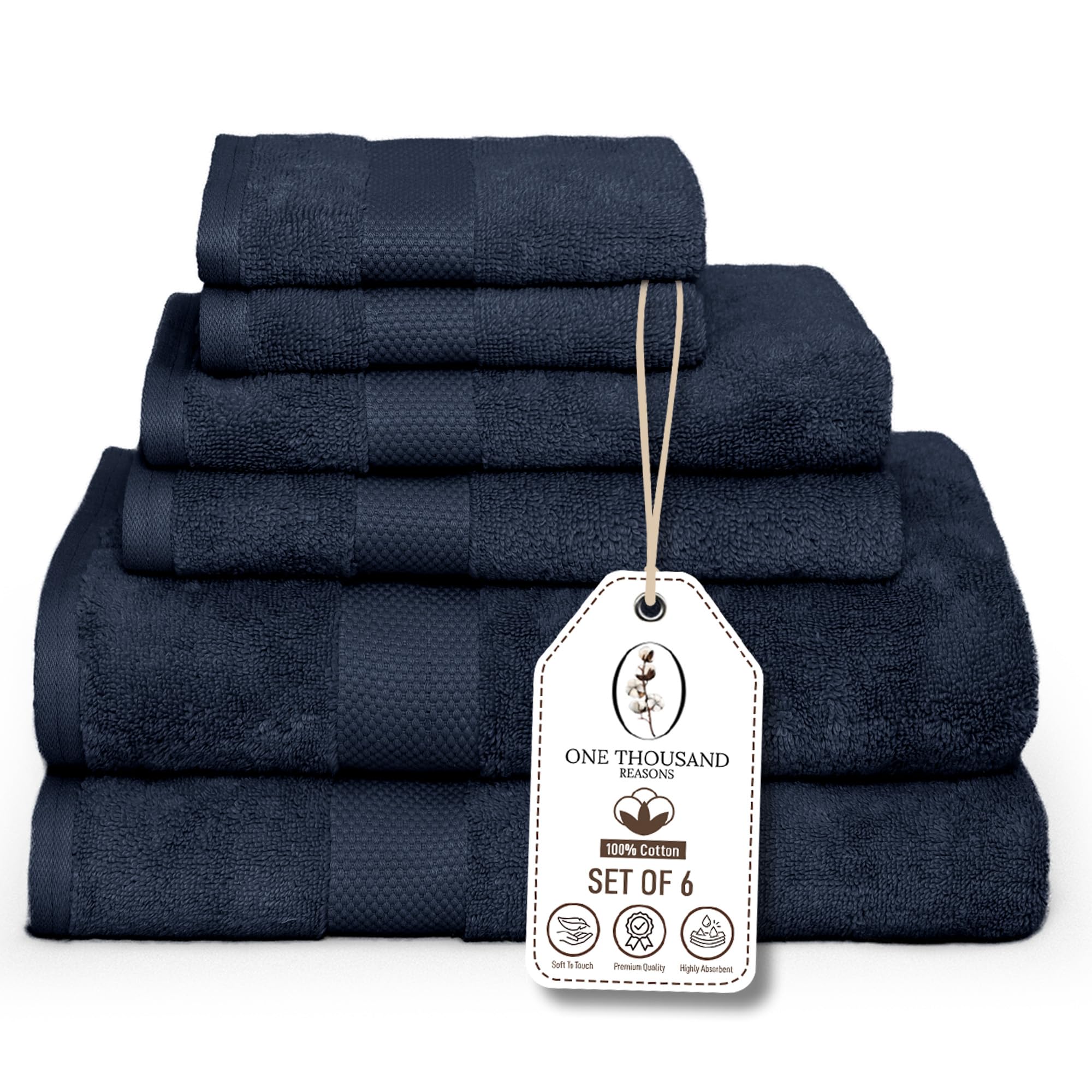 Premium Staple Cotton Bathroom Towel Set - Navy 600 GSM 6-Piece Luxury Bath Towel Set 1 Stripe -