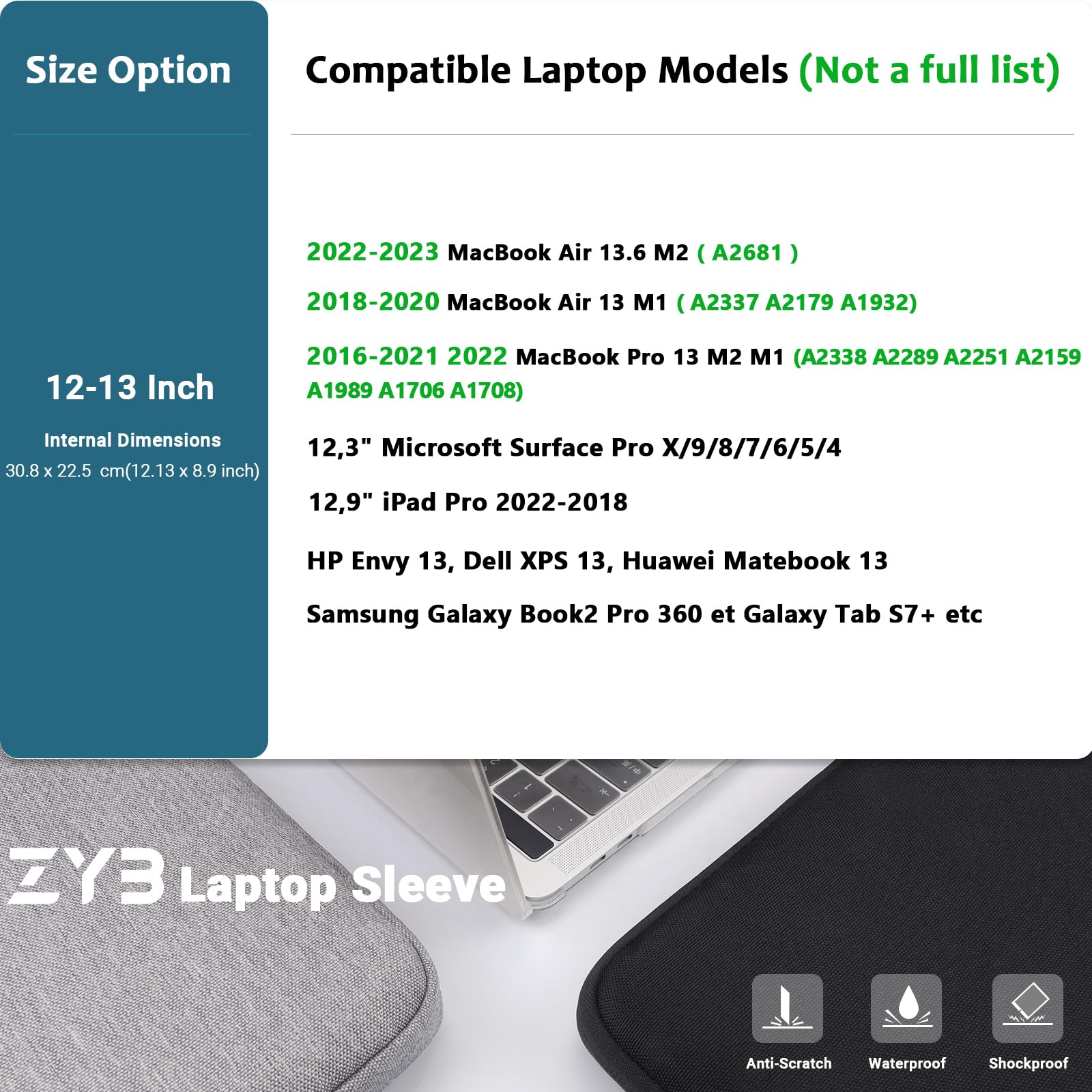 ZYB Custodia PC Portatile 13 Pollici, Custodia per MacBook Air 13.6 Pollici M4 M3 M2 2025-2022, MacBook Air/Pro 13 M2 M1 2022 2020-2012, Ipad Pro 12.9 2022-2018 Surface Pro 9-3/X etc 13" Borsa-Grigio