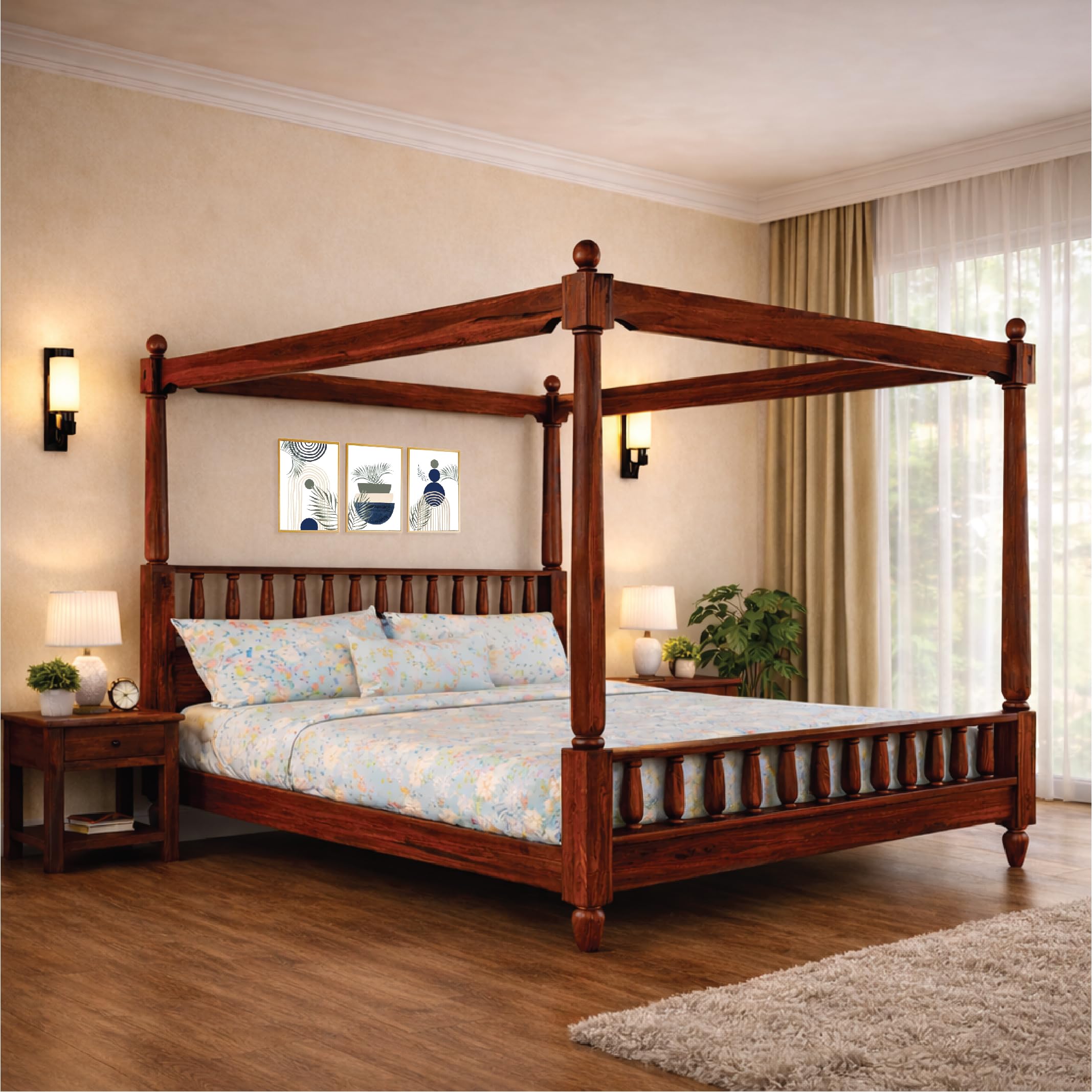 VISHWAKARMA DECOR Poster Bed King Size | Solid Wood Poster Bed Cot Wooden Double Bed Furniture for Bedroom Home and Hotel | Wooden Palang Divan (Honey Finish)