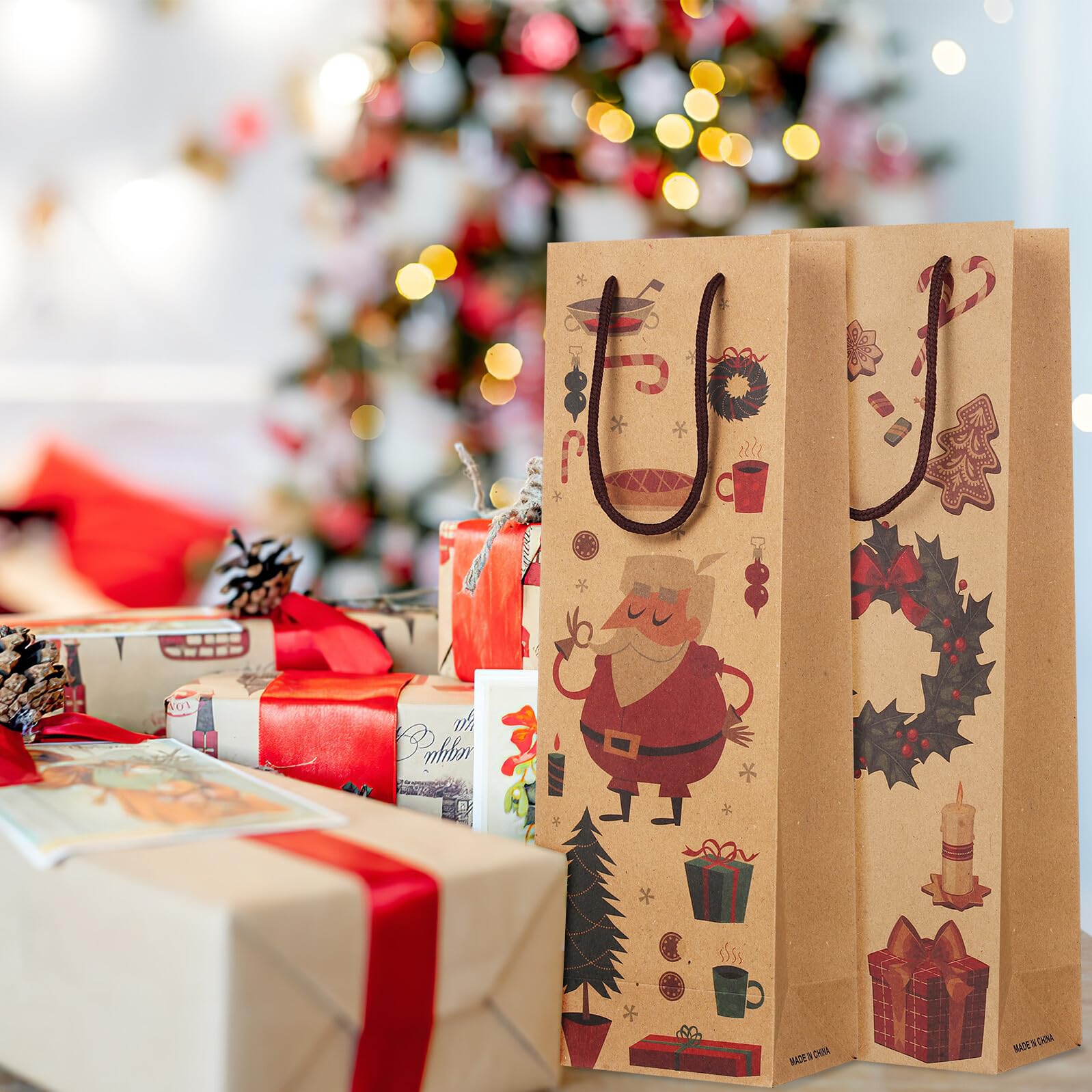 MOLUCKFU 12 Pezzi Sacchetti Regalo Bottiglie Vino Natale in Kraft Resistente e Riutilizzabile Borse Porta Vino Decorativi per Feste e Regali Natalizi