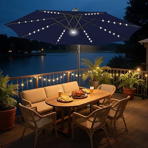 Miniatura 6 de FLAME&SHADE Paraguas solar voladizo de 10 pies con 40 luces LED, paraguas grande iluminado para patio al aire libre, 8 varillas resistentes,