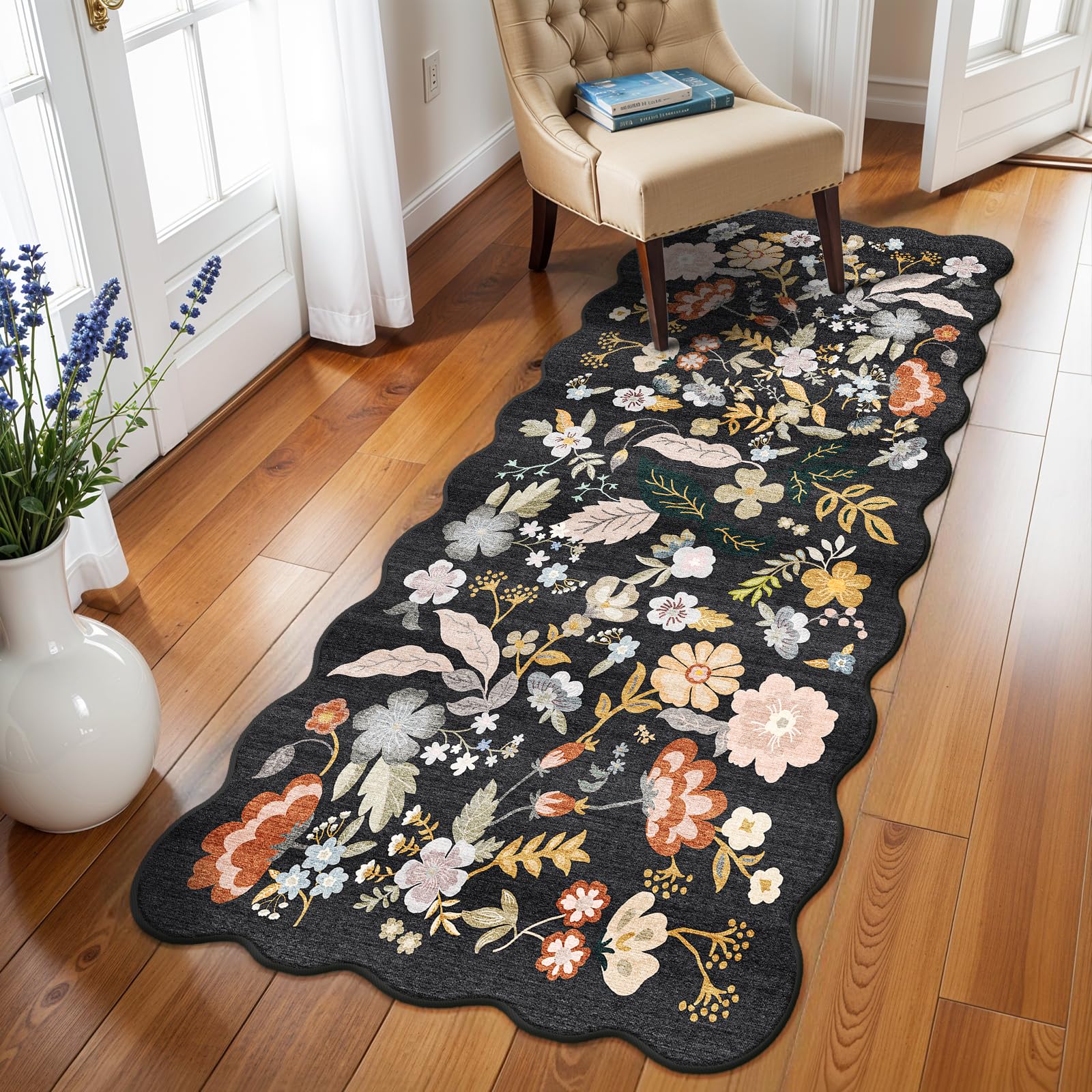 3x6 Washable Kitchen Runner Rug: Non Slip Floral Scalloped Runner Rugs for Hallway Stain Resistant Floor Mat for Entryway Boho Carpet Runner for