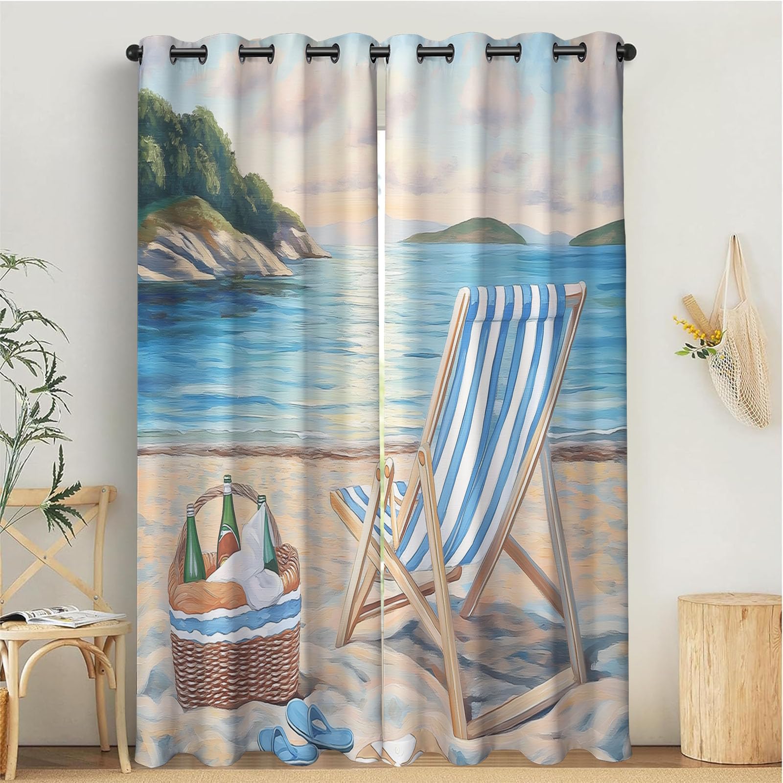 Rideau Occultant Vintage Peinture À L'Huile Bleu 140x225 cm