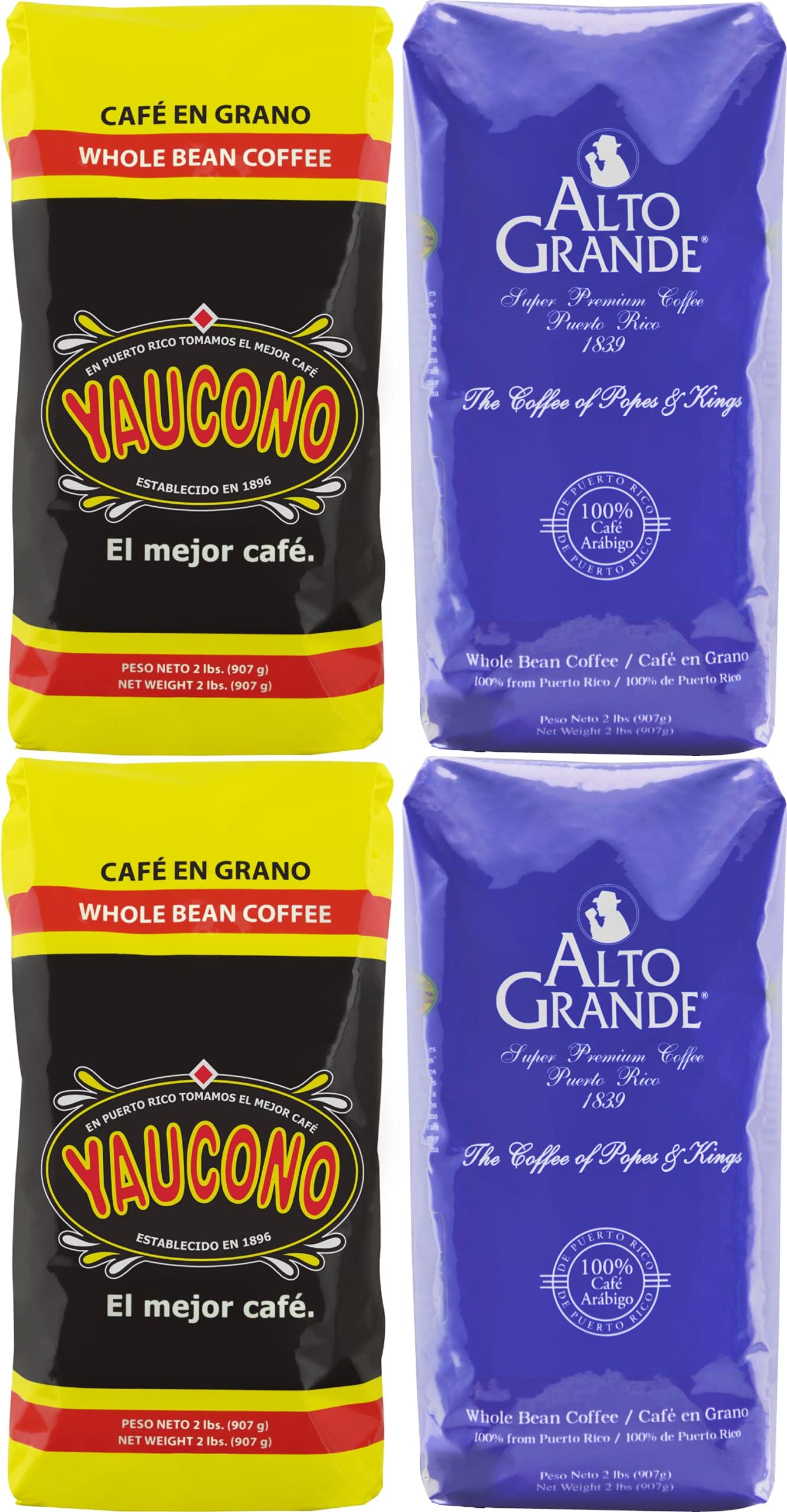 Alto Grande Medium-Dark Roast and Yaucono Medium Roast, Whole Bean Coffee, two bags of each, 2 Pound (Pack of 4)