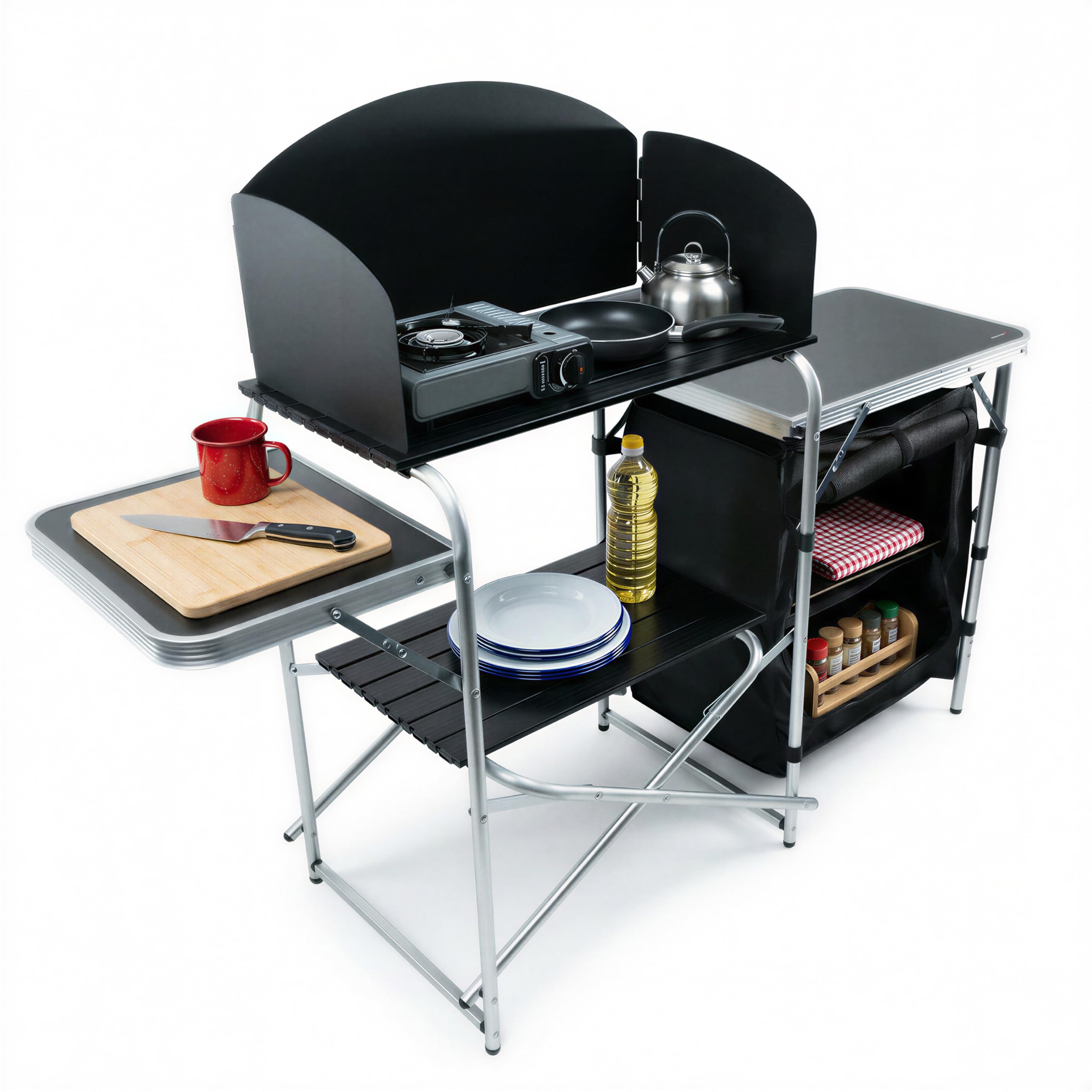 MoverX Cocina plegable portátil de camping con parabrisas, unidad de camping plegable emergente, gabinete al aire libre, marco de aluminio de 5 estantes, portátil para jardín, fiesta, picnic, soporta