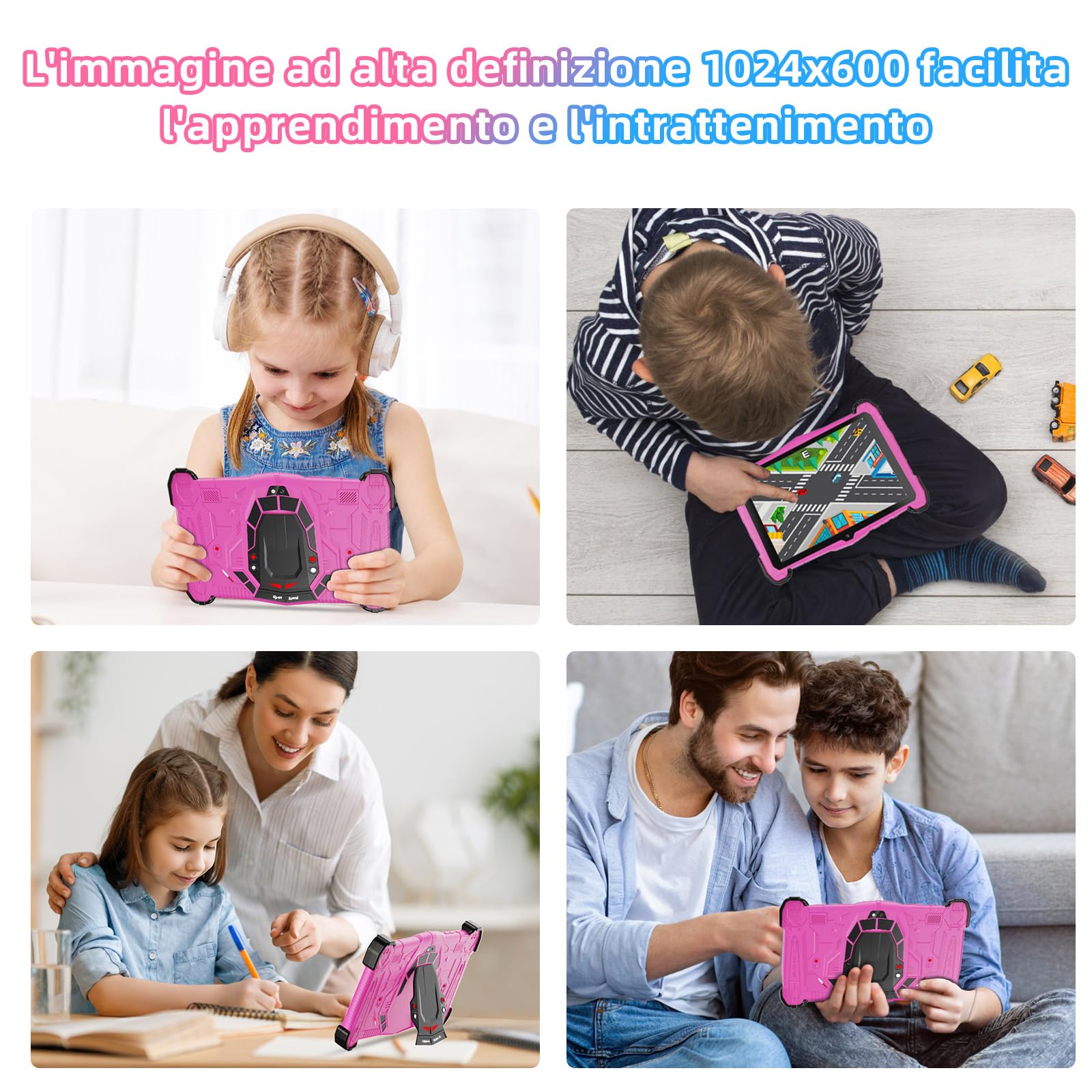 Tablet Bambini 7 Pollici Android 14 Octa-Core, 10 GB RAM + 64 GB ROM (TF 1 TB), Kids Tablet Educativo e Divertente, Controllo Parentale, WiFi, Bluetooth, Con Custodia Antiurto, Rosa
