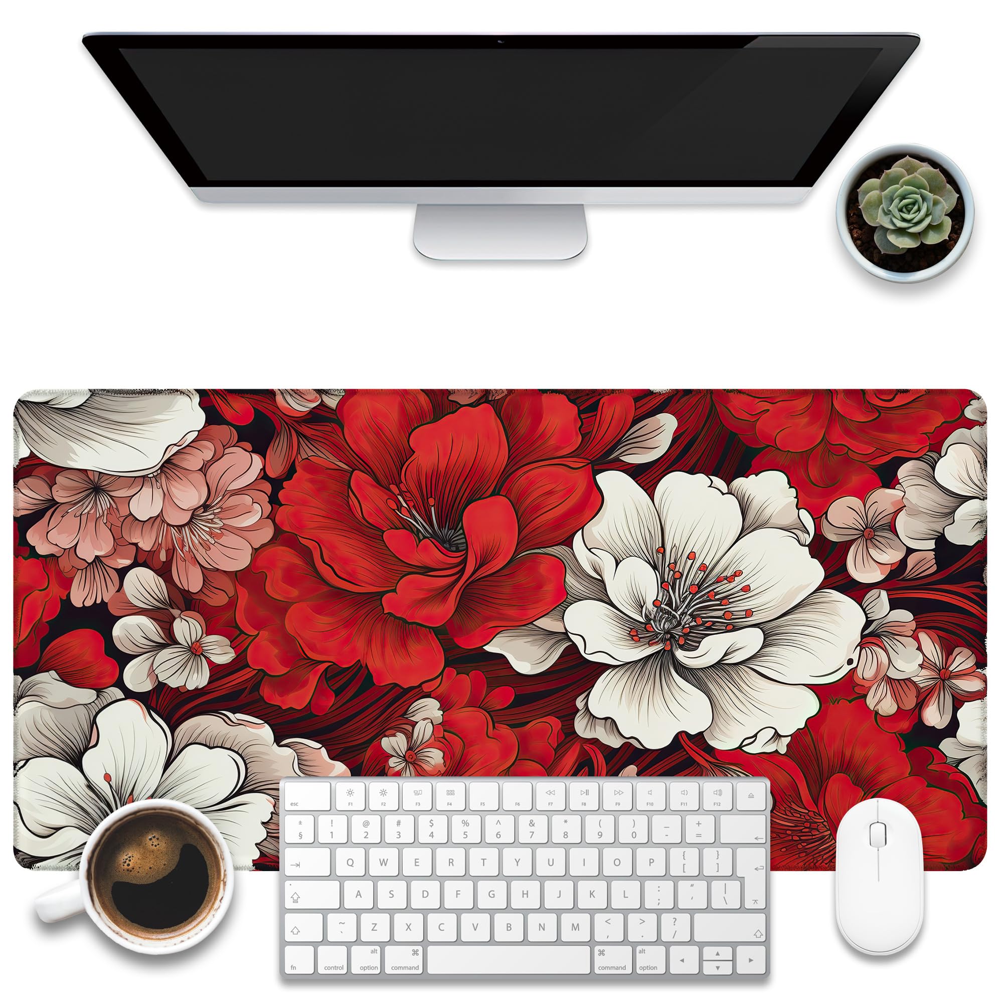 Amazon.co.jp: KOAIWPAE デスクパッド、赤と白の花のデスクマット
