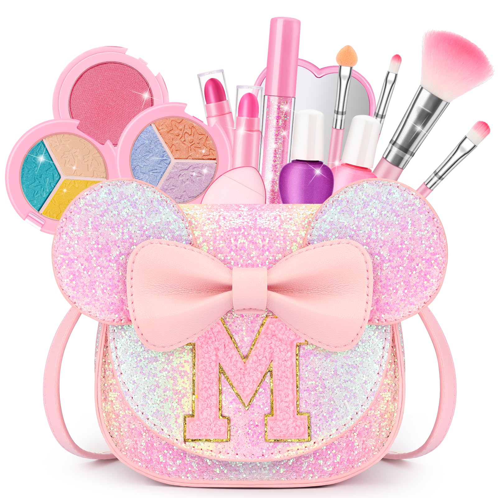 Kids Makeup Kit for Girl, 15Pcs Real Washable Make Up Set &amp; Purse Rainbow M