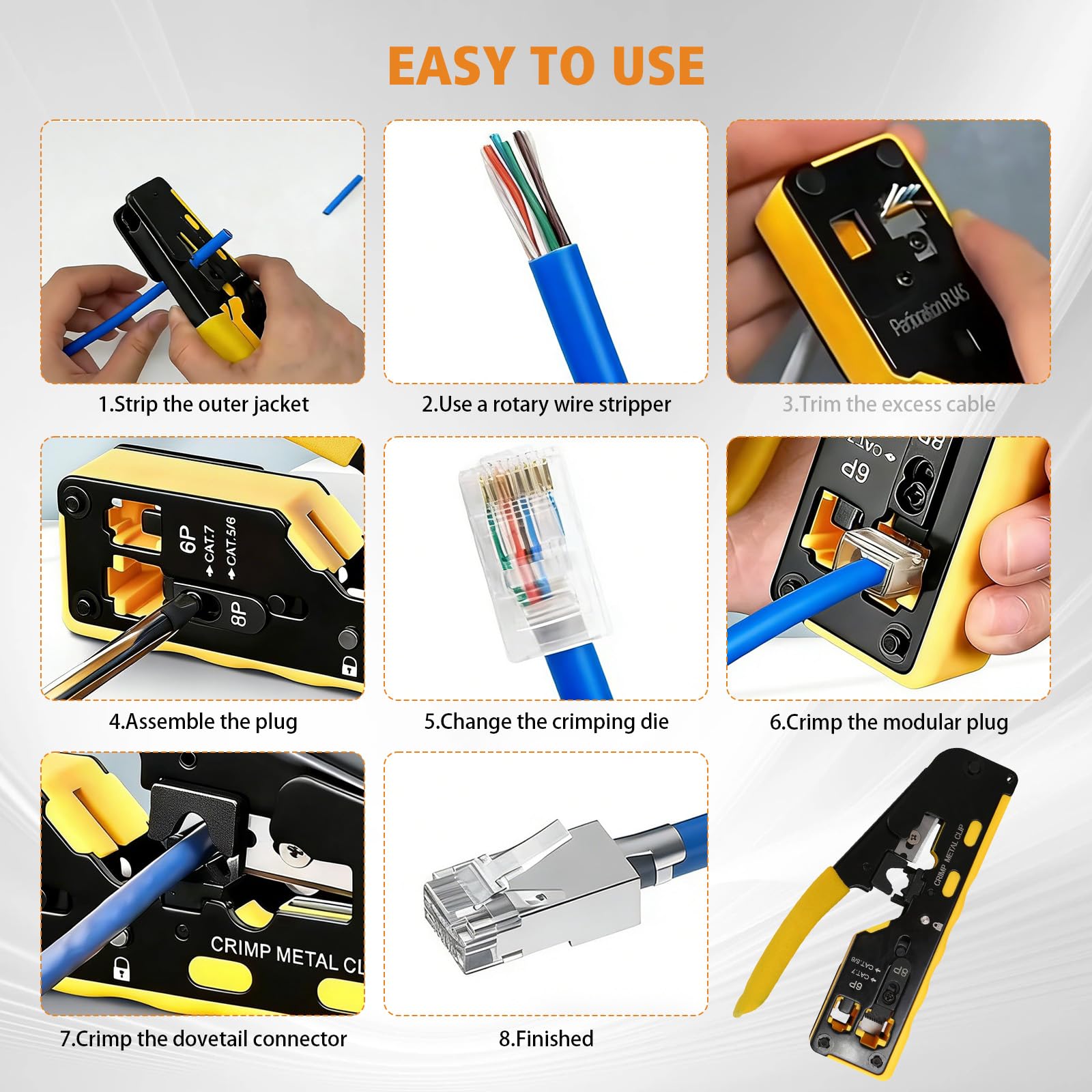 Set di attrezzi di rete, pinza crimpatrice RJ45 con tester di rete, stripper, strumento punch down, cacciavite e tasca con cerniera per cavi CAT5, CAT5e, CAT6, CAT6A e CAT7