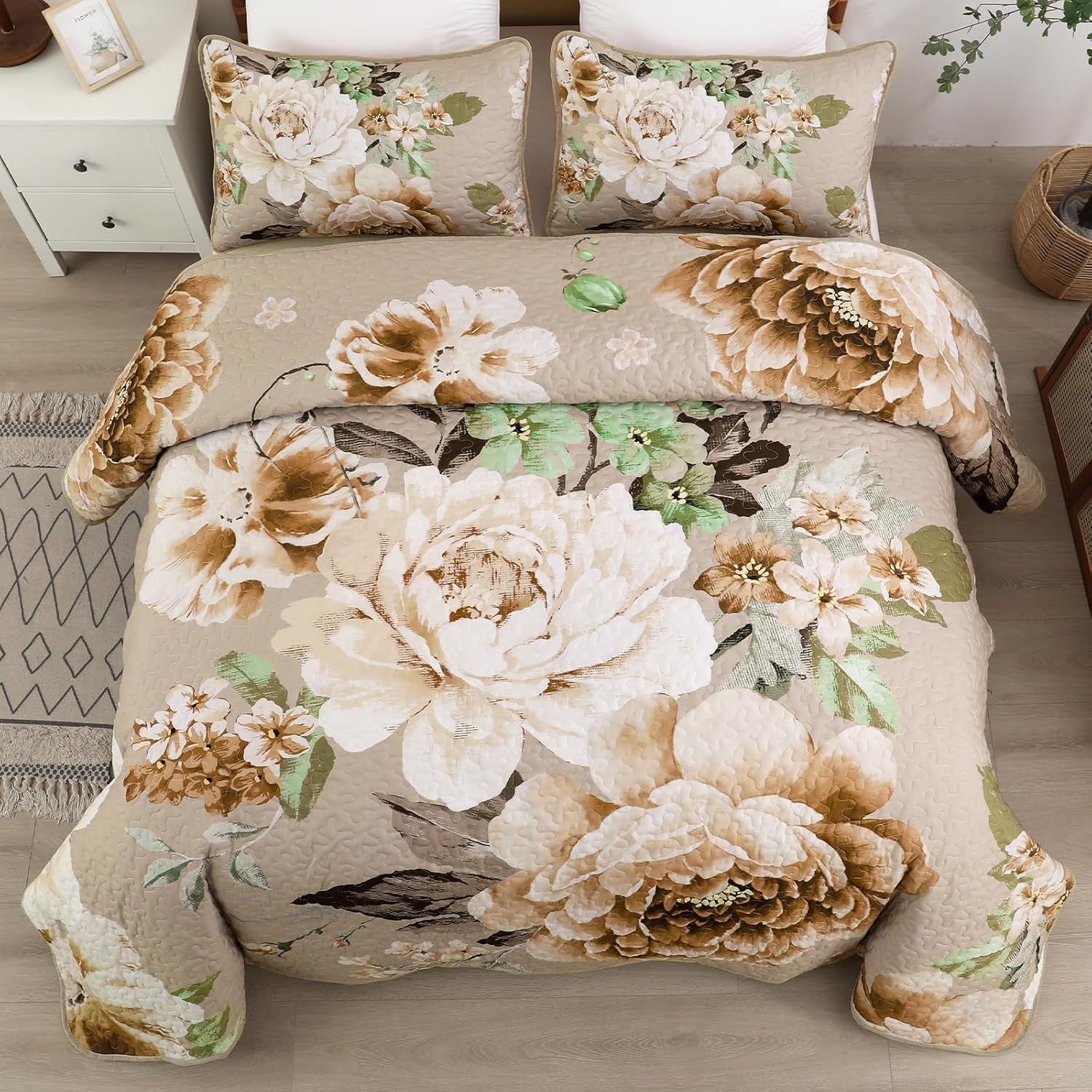 WONGS BEDDING Floral Quilt Set Khaki King,3 Pieces Botanical Quilted Printed Bedspreads Bedding Set for All Season Lightweight Reversible Taupe Coverlet Set with 2 Pillow Shams - Image 2