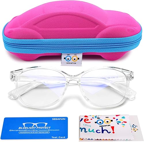 SEEAFUN Gafas de luz azul para niños y niñas con bonita funda de automóvil, protección UV400, antirayos azules, edades de 3 a 12 años