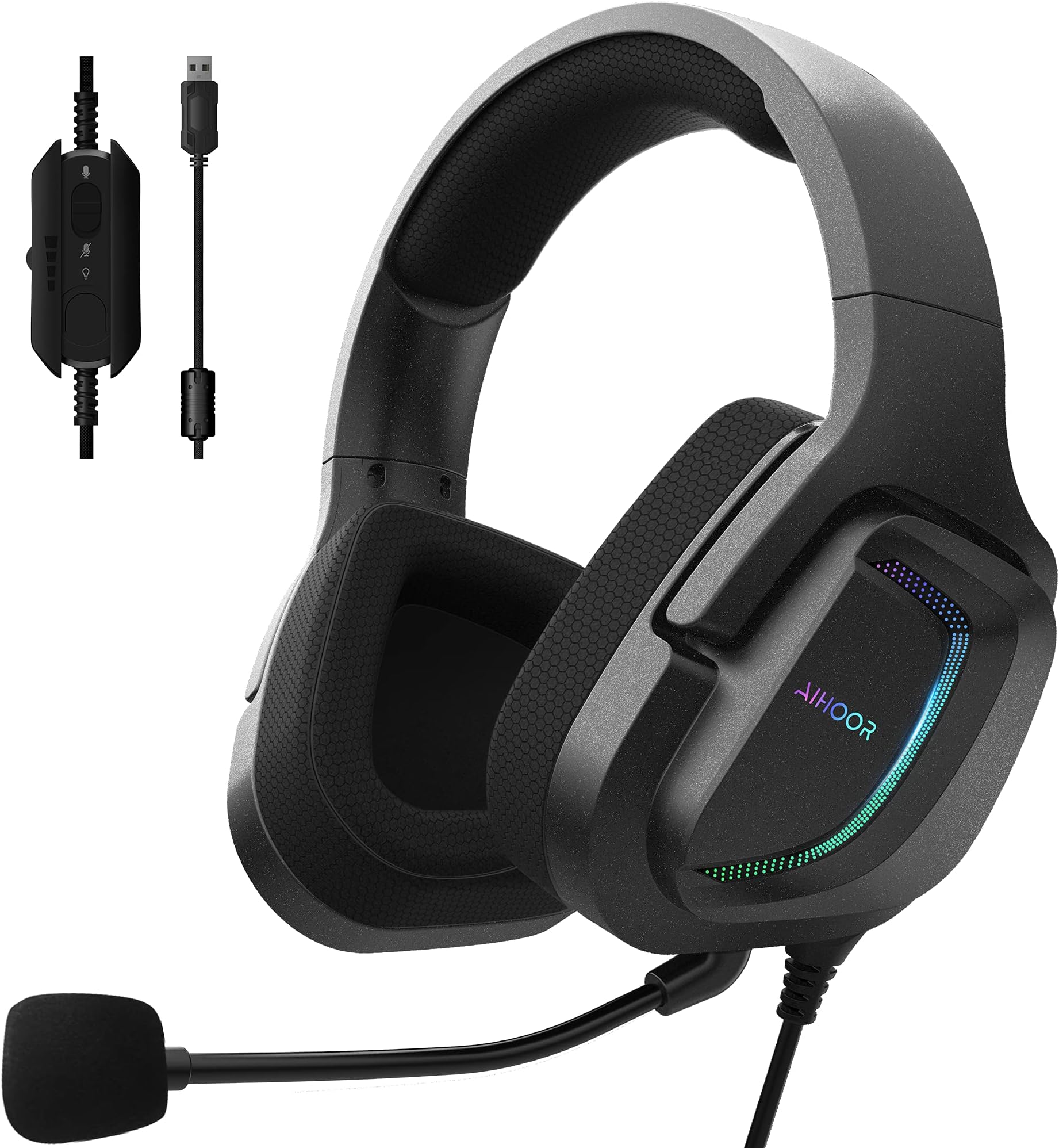 AIHOOR Gaming Headset with Virtual 7.1 Surround Sound, Over-Ear Headphones, Noise Cancelling Mic, Durable Steel Sliders, 2.4GHz Ultra-Low Latency Games & RGB Light Soft Memory Protein Earmuffs for PC