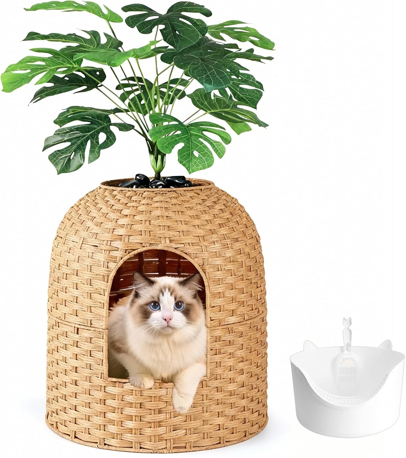 Cat Litter Box Hidden Plant Enclosure, Handwoven PE Rattan Cat House, Wicker Cats Toilet Furniture for Indoor Corner Living Room Bedroom Balcony, Arch Door