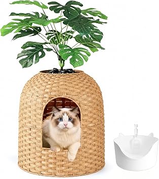 Cat Litter Box, Rattan Hidden Plant Enclosure with Litter Box