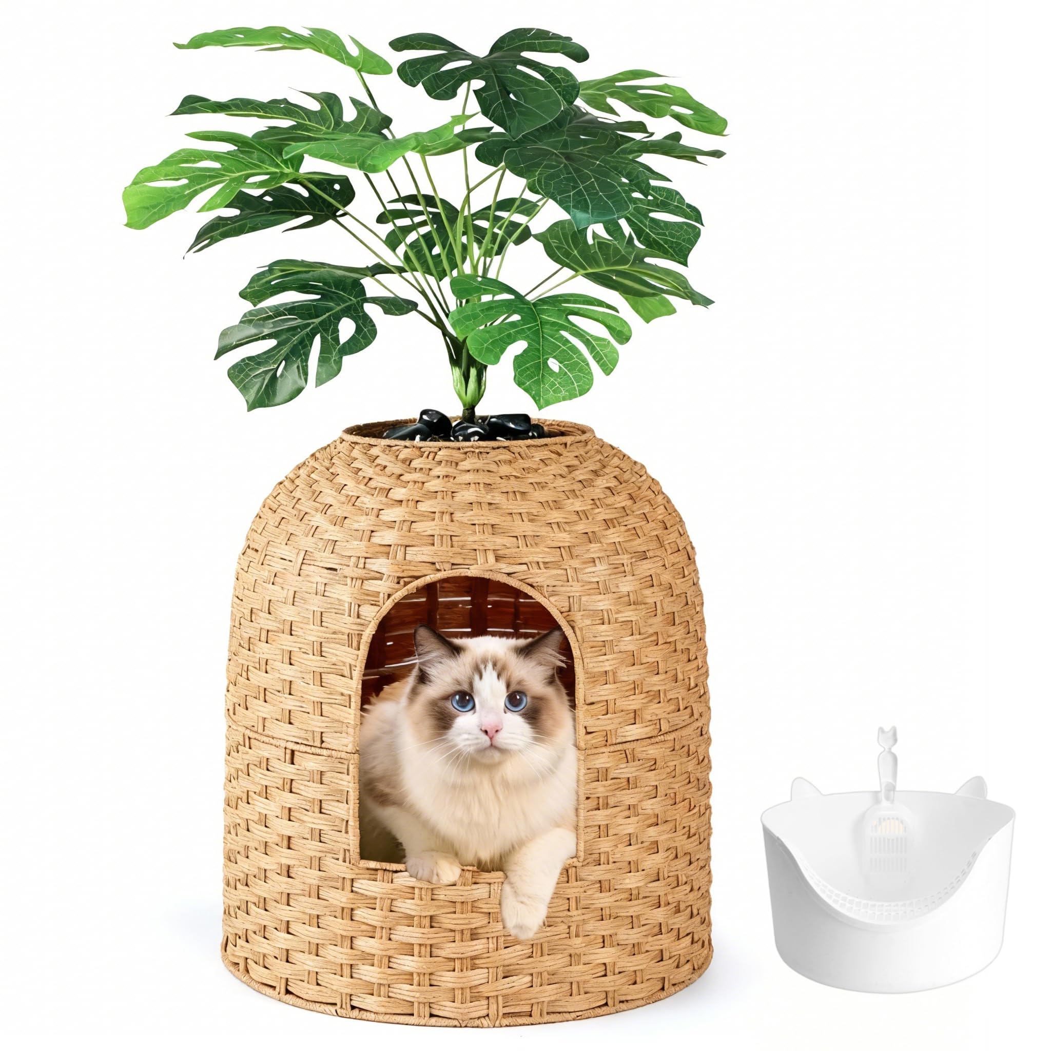 Klippehop Cat Litter Box Hidden Plant Enclosure, Handwoven PE Rattan Cat House, Wicker Cats Toilet Furniture for Indoor Corner Living Room Bedroom Balcony, Arch Door