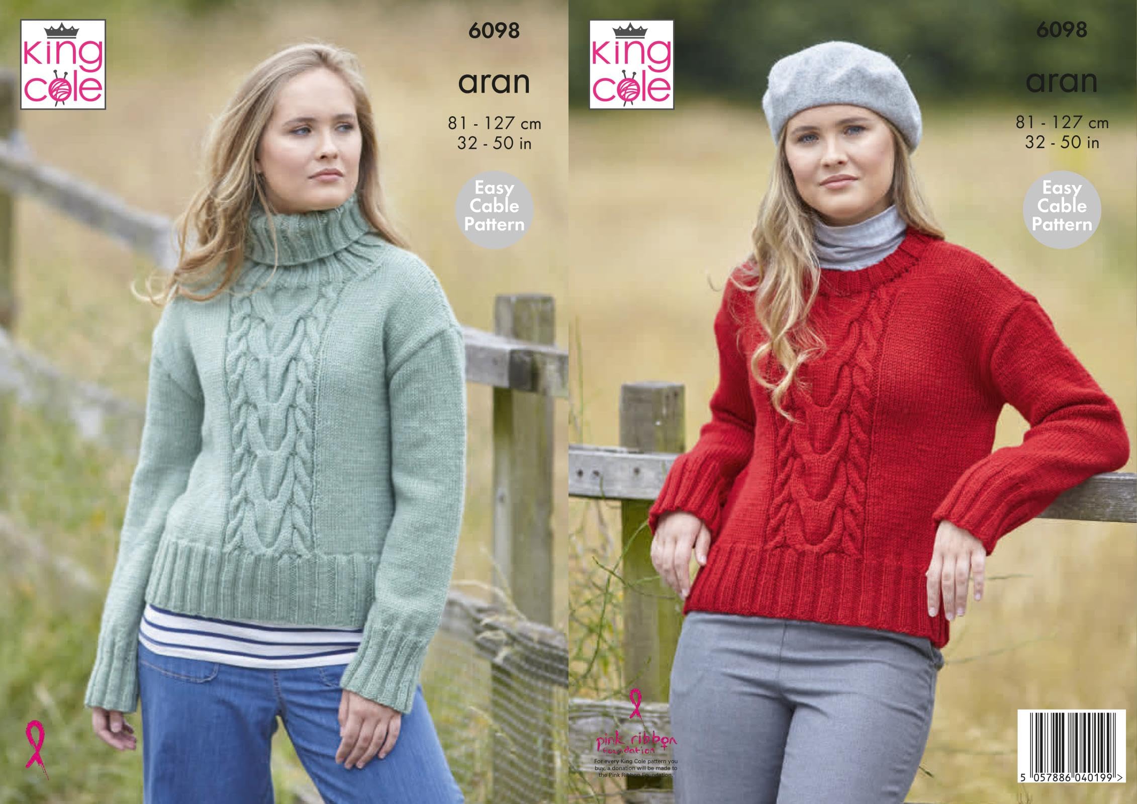 King Cole Aran Knitting Pattern - 6098 Ladies Sweaters