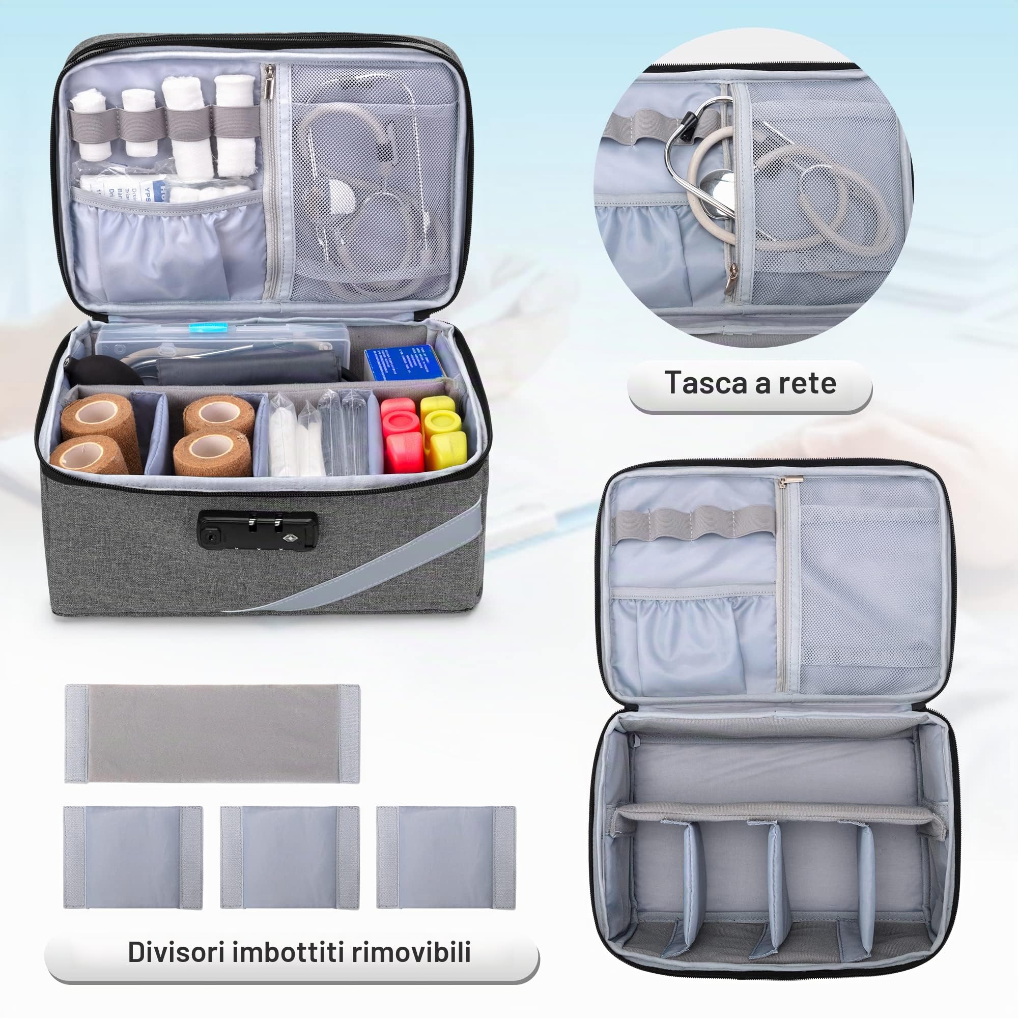 Trunab Borsa Medica Piccola con Lucchetto a Combinazione, Borsa da Viaggio Medica Chiudibile con Mini Custodia per Casa, Viaggio, Emergenza, Grigio (Borsa Vuota), Design Brevettato