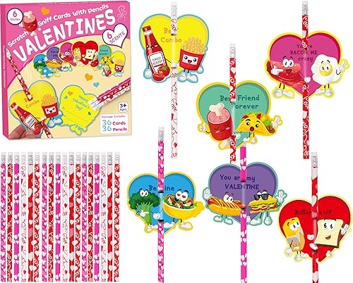 Juego de 72 tarjetas para rascar y oler el día de San Valentín para niños, tarjetas de regalo de San Valentín con 36 lápices para intercambio