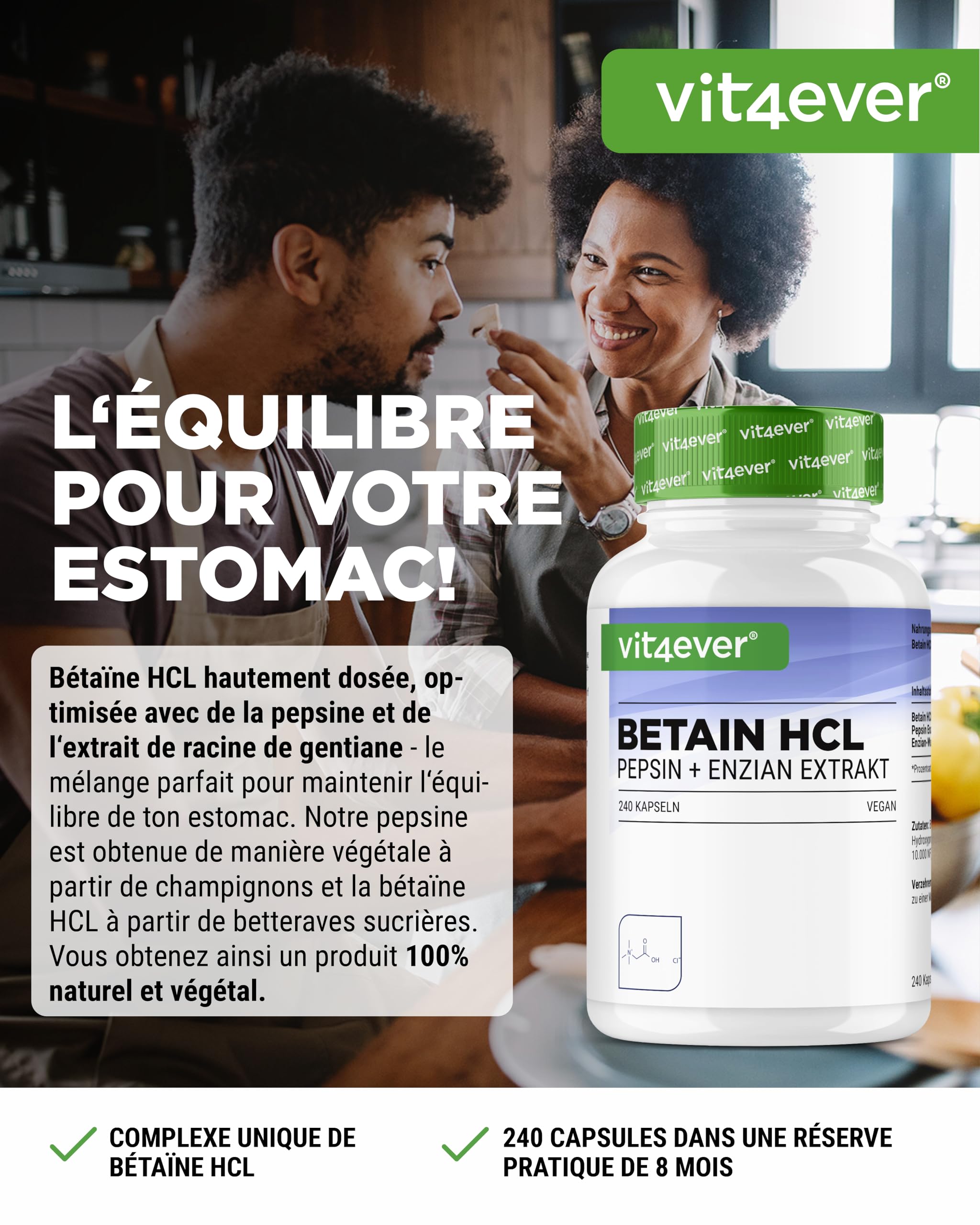 Betaine HCL - 240 Gélules avec 650 mg Bétaïne HCL - Avec Pepsine & Gentiane Amère - Enzymes Digestives à Spectre Complet - Forte Dose - Végan