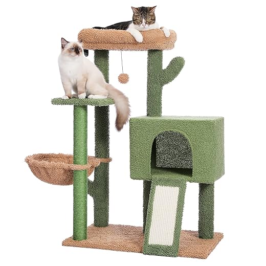 PETEPELA 104cm Cactus Cat Tree with Sisal Covered Scratching Post and Cozy Condo for Indoor Cats, Cat Climbing Stand with Plush Perch &Soft Large Hammock for Multi-Level Cat Play House