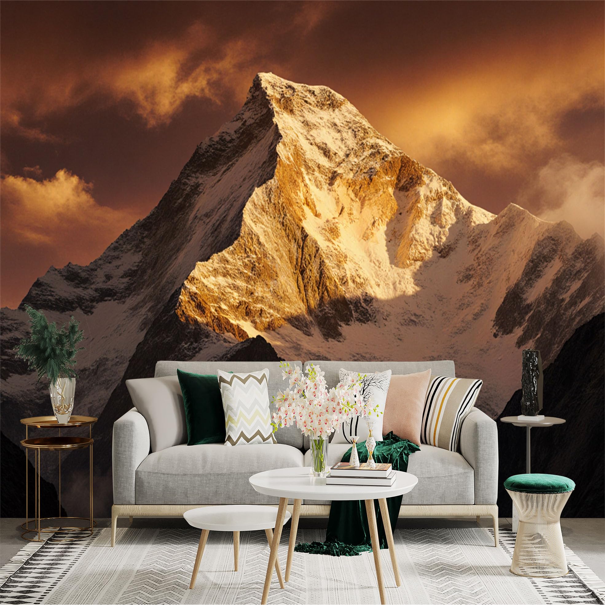 Lnzczhyre Xc260505079 Custom Size Wall Sticker Mural， Majestic Snowcapped Peak， Golden Sunset Clouds， Dramatic Alpine Landscape， Rugged Rocky Mountain， For Wall Decoration， Peelandstick Wall Decals.