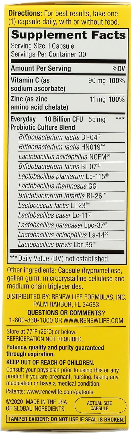 Renew Life Probiotic Everyday Immune Capsules, Daily Supplement Supports Respiratory and Immune Health, L. Rhamnosus GG and B. lactis Bl-04, Dairy, Soy and gluten-free, 10 Billion CFU, 30 Count