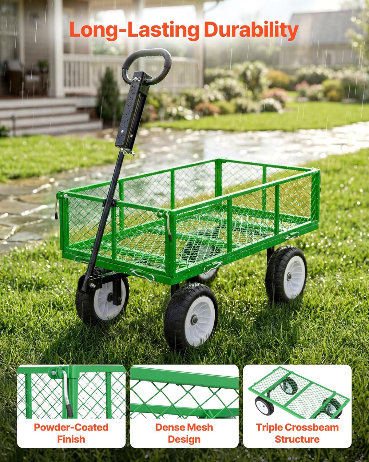 VEVOR 900 LBS Steel Garden Cart, 2 in 1 Handle, Heavy Duty Pullable Garden Wagon with 10" Flat-Free Tires, Outdoor Utility Yard Wagon Cart with Detachable Side Panels, Attach to ATV or Tractor