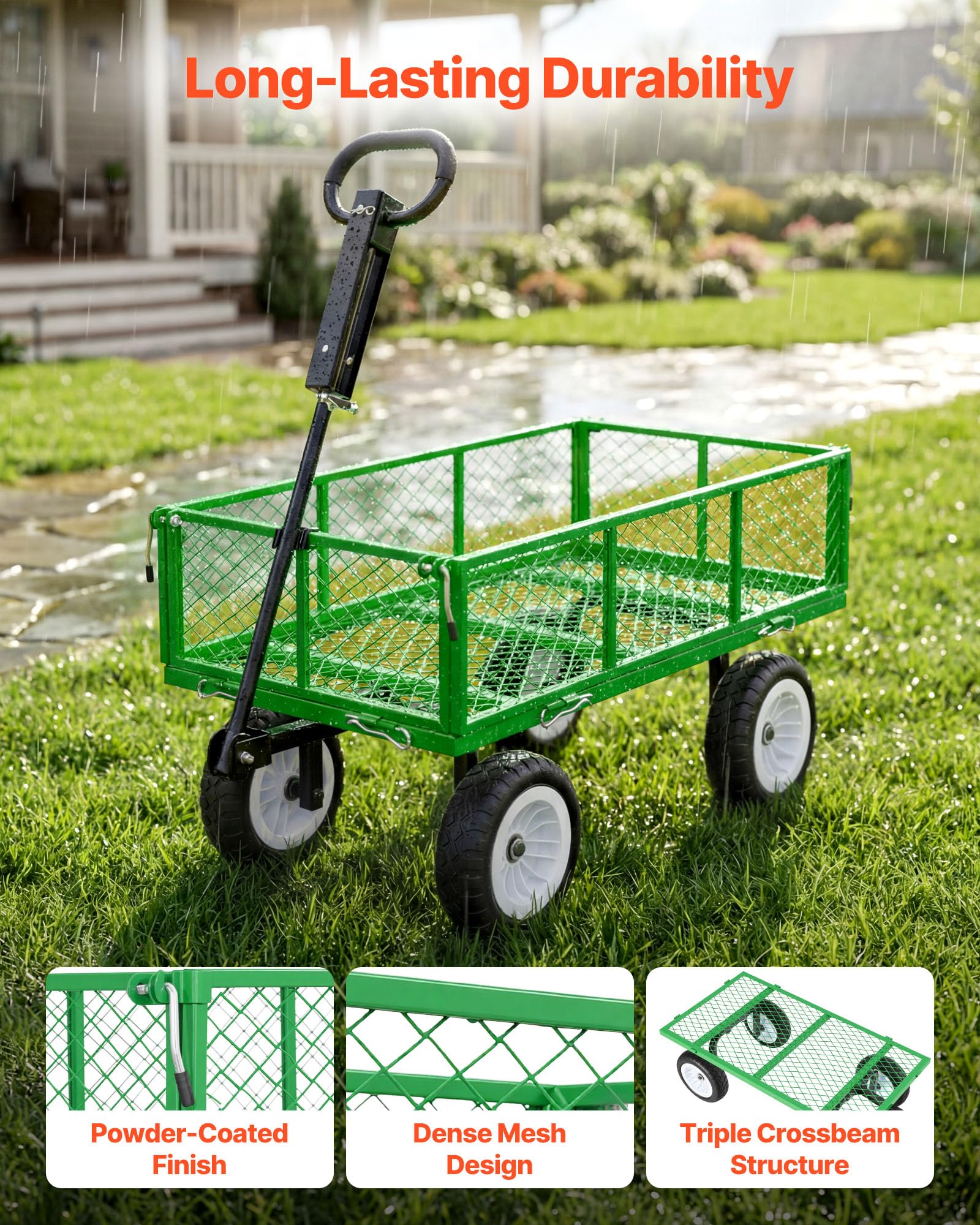 VEVOR Chariot de Jardin en Acier Max. 408,2 kg Chariot de Transport de Jardin pour Bois Terre Débris, Côtés Amovibles, Pneus PU Increvables 25,4 cm, Poignée Réglable, Compatible Quad Tracteur, Vert