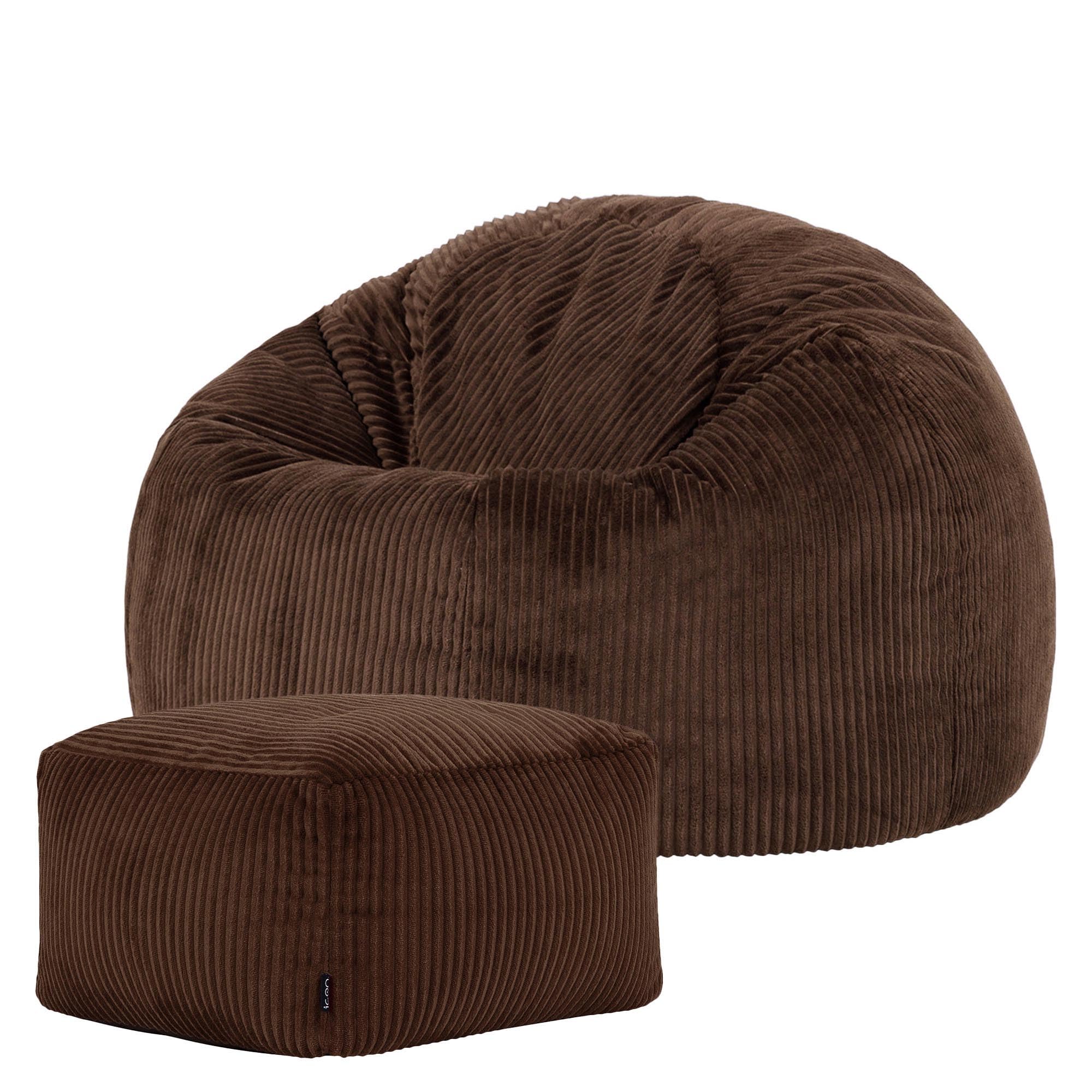 Icon Kingston Sitzsack mit Hocker Cord, Braun, Sitzsack Erwachsene mit Füllung, Bean Bag, Cord Sessel, Lounge Sessel, Lounge Stuhl, Schlafzimmer, Wohnzimmer, Wohnzimmer Möbel