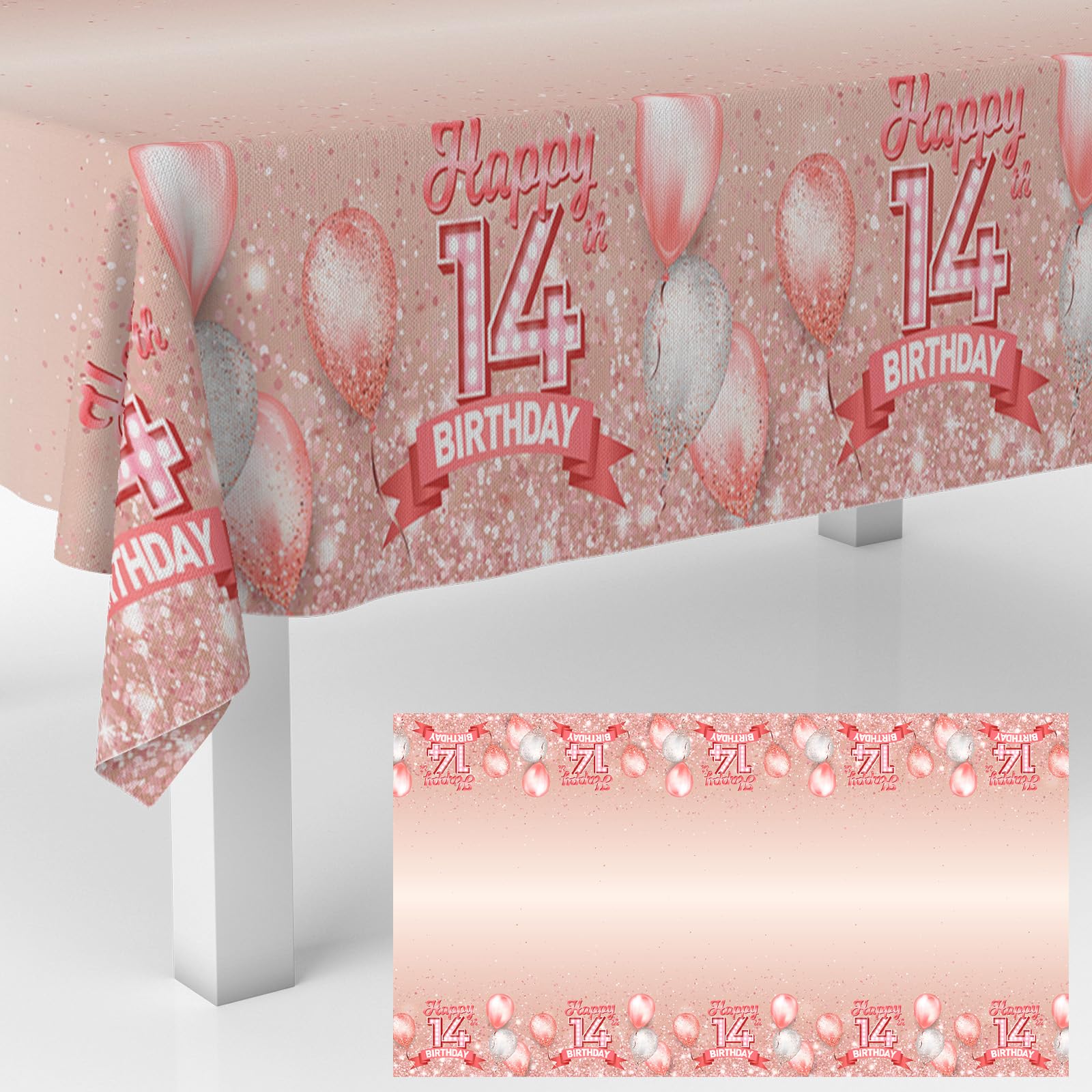 GZBJMYGS 14th Birthday Tablecloth Pink 14 Years Birthday Party Photography Supplies Decor Men Women for Indoor Outdoor Party Supplies Rectangle Table