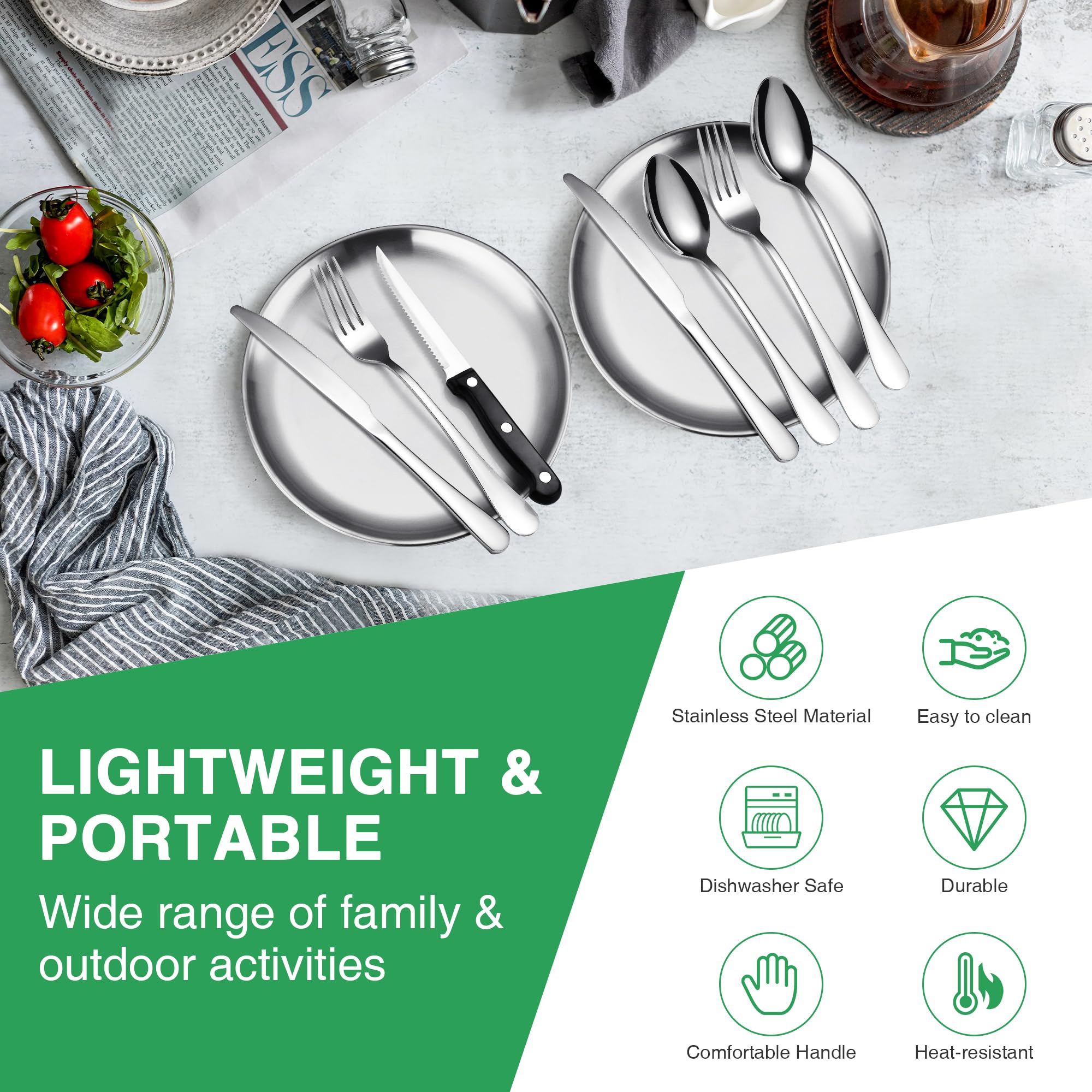 Yoassi 10PCS Vaisselle Acier Inoxydable de 2 Personnes Portable pour Camping, Pique-nique, Activités Outdoors, en plein air