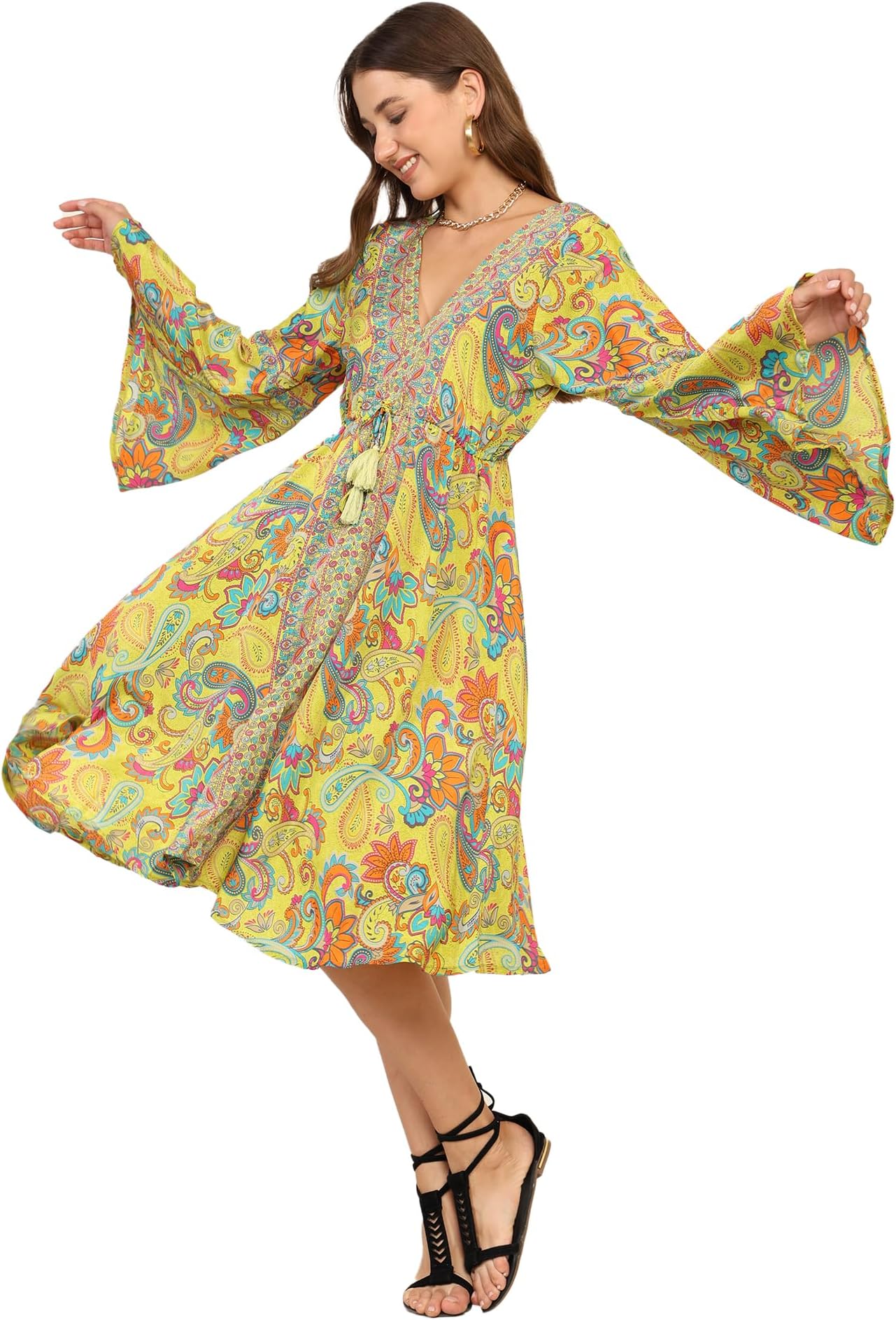 KE KANHA EXPORTS Dress for Woman|Boho Dresses for Women|Beach Wear|Border Print|Adjustable Tassel at Waist|Vacation Boho Casua|Easily fits S-M-L|Bust 32-38 in|Length 40 in Free Scrunchie Included
