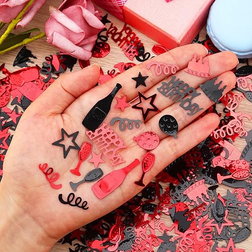 Miniatura 4 de RUMIA 3000 unidades de confeti de feliz cumpleaños con estrellas metálicas rojas y negras para fiesta de cumpleaños, aniversario, baby shower