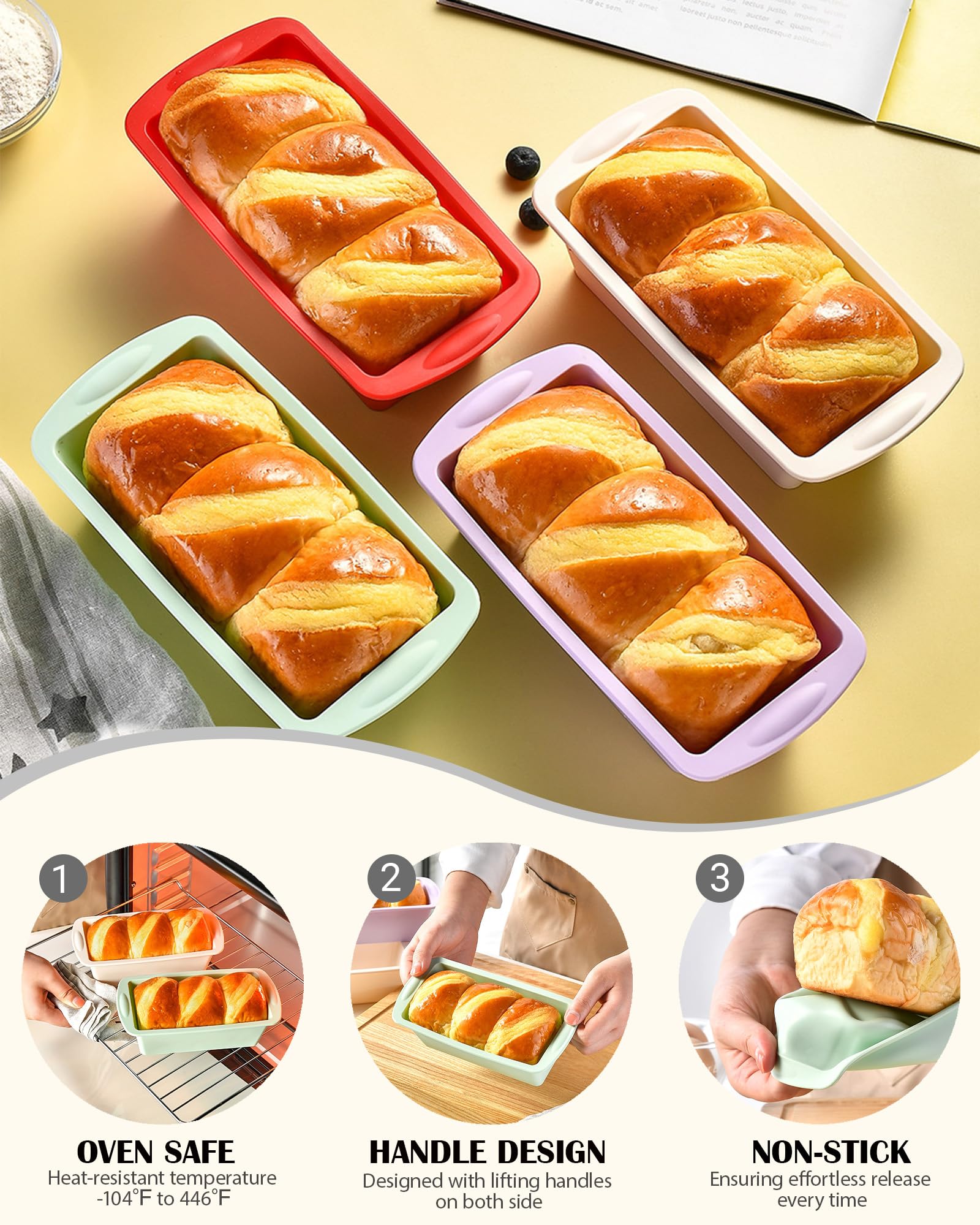 Molde de silicona para pan, sartenes antiadherentes para hornear, moldes de silicona flexibles para pan, pasteles, pastel de carne (4 unidades, rojo, verde, blanco y morado)
