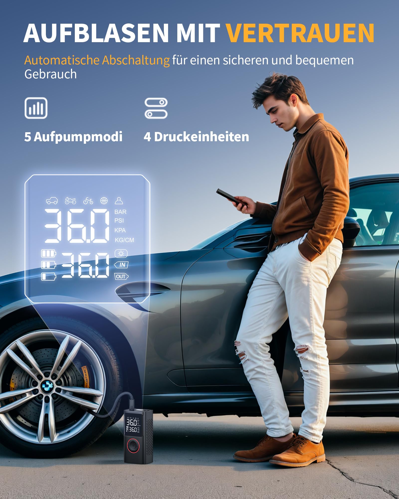 Powools Kabelloser Elektrische Luftpumpe, 150PSI Akku Kompressor Fahrradpumpe mit LED-Licht & Auto-Stopp, Wiederaufladbare Reifenpumpe für E-Bike, Auto, Motorrad, Bälle