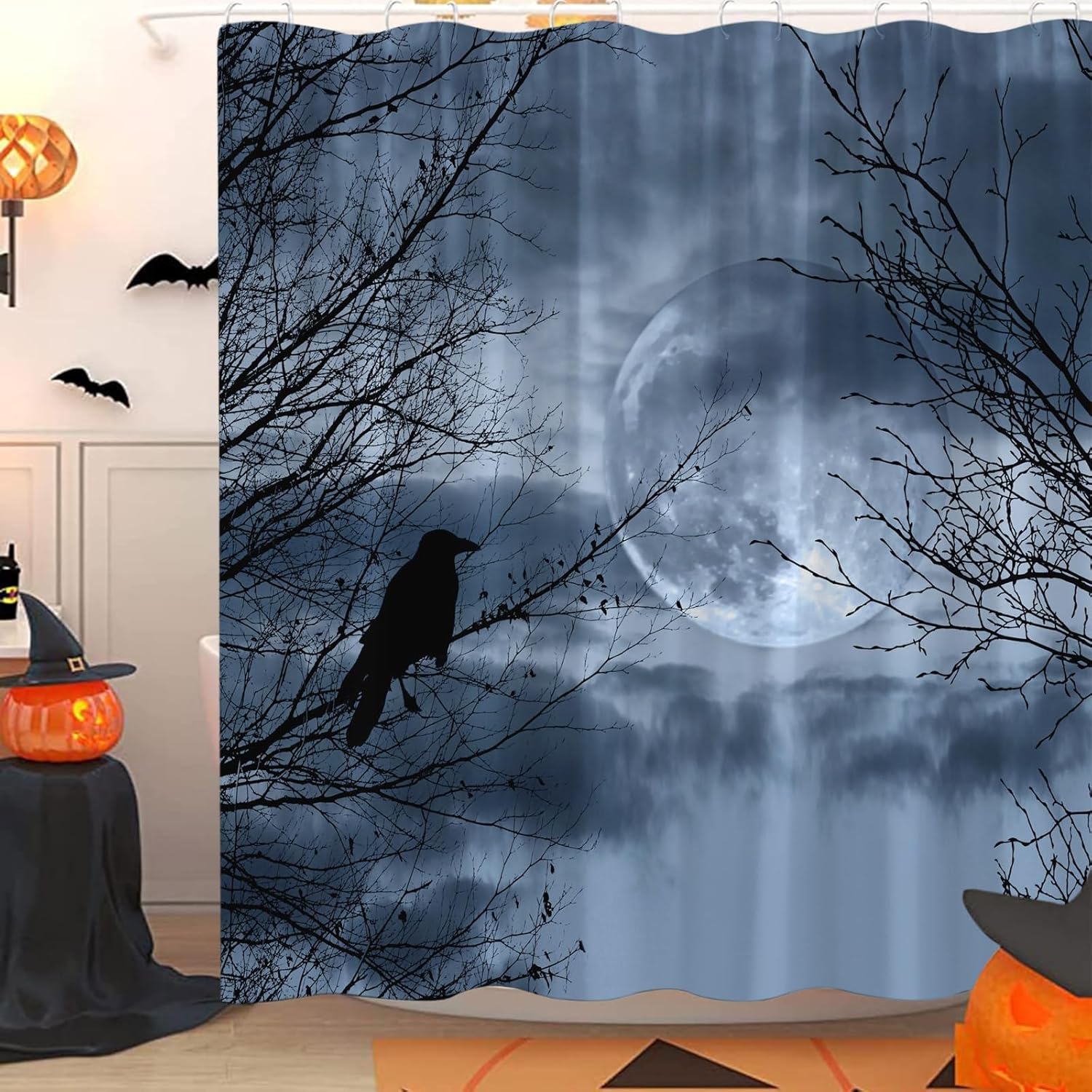 Halloween Shower Curtain Gothic Black Crow Scary Full Moon Creepy Night Dead Tree Cloudy Sky Spooky Birds Horror Misty Forest Bathroom Curtain with Hooks
