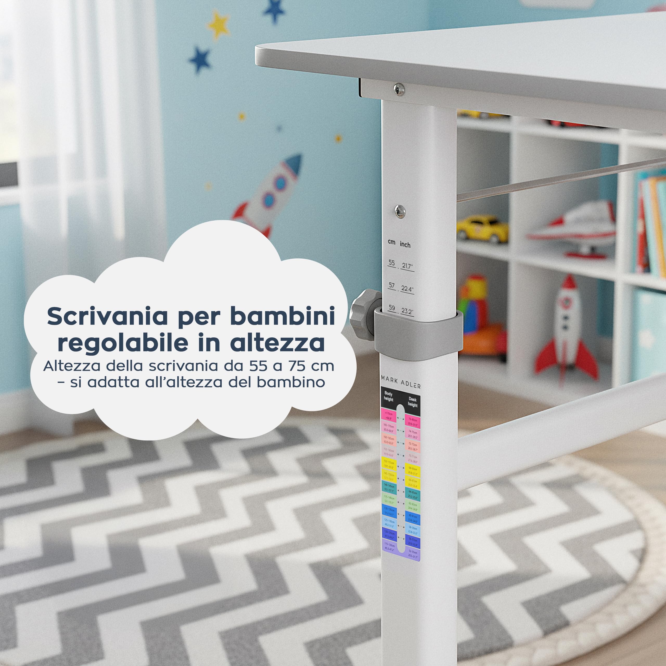 MARK ADLER Study 3.7 Scrivania Ergonomica per Bambini Regolabile in Altezza 55-75 cm - Piano Inclinabile Fino a 40° - Con Supporto per Libri e Vano Portaoggetti - Per Bambini da 90 a 160 cm - Grigio
