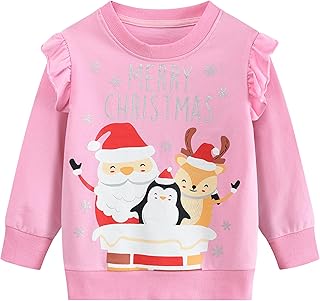 Little Hand Girls Christmas Sweatshirt Xmas Jumper Kids Cotton Ruffled Long Sleeve Pullover Tops Toddler Shirts Clothes Age 1-8 Years