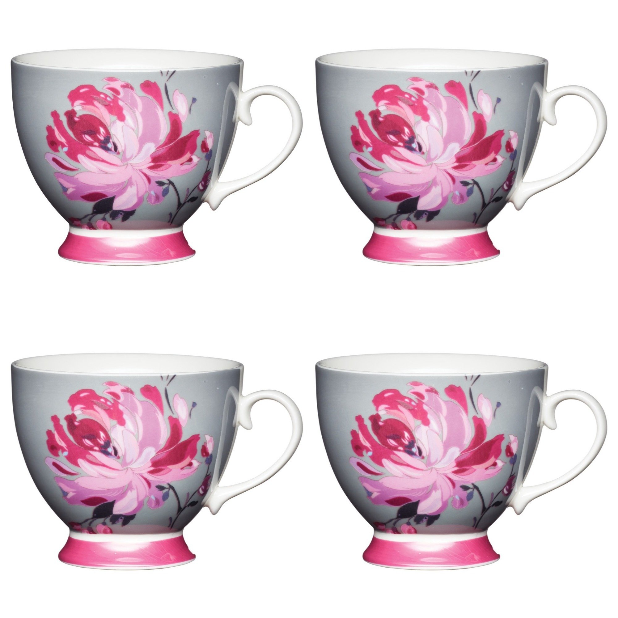 Kitchencraft Grey/Pink Large Bone China ' Flower' Footed Floral-Printed Mugs, 400 Ml - / (Set Of 4)