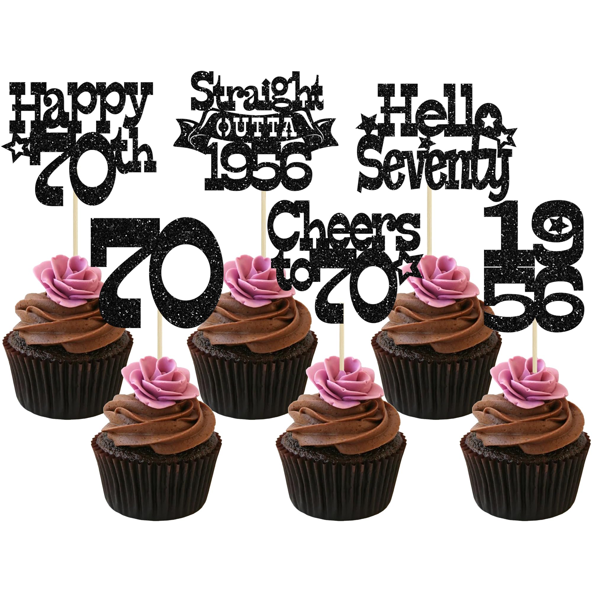 Ephlyn 30Pcs Straight Outta 1956 Cupcake Toppers Glitter Seventy Happy 70th Birthday Cupcake Picks Cheers to 70 Years Cake Decorations for Happy 70th Birthday Anniversary Party Supplies Black