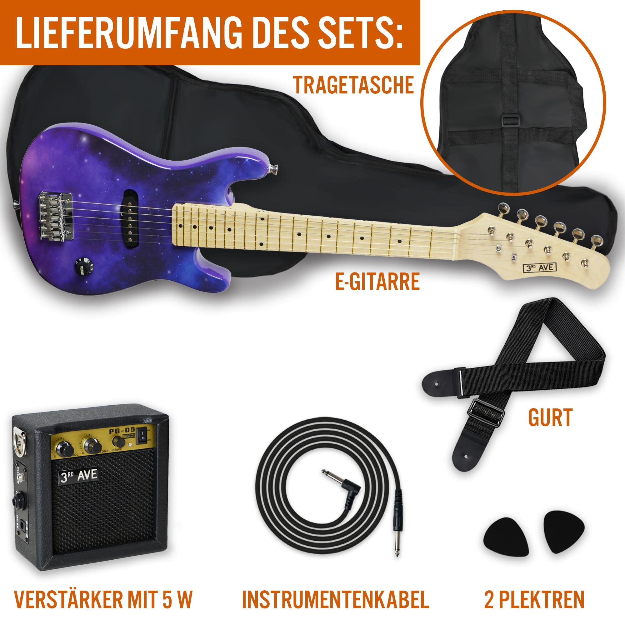 3rd Avenue E-Gitarrenset für Kinder in 1/4-Größe, Junior-Gitarre für Anfänger – mit tragbarem Verstärker mit 5 W, Kabel, Tasche, Plektren und Gurt – in Lila Galaxie