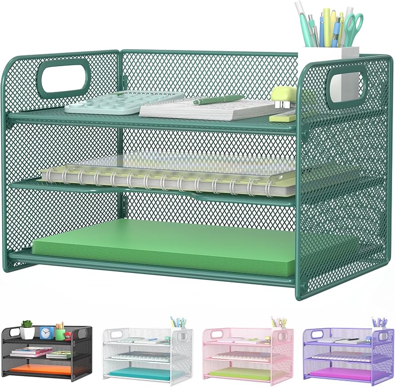 3 Tier Green Letter Tray Paper Organizer with Handle, Mesh Desk Organizer Paper Sorter File Rack Shelves, Green