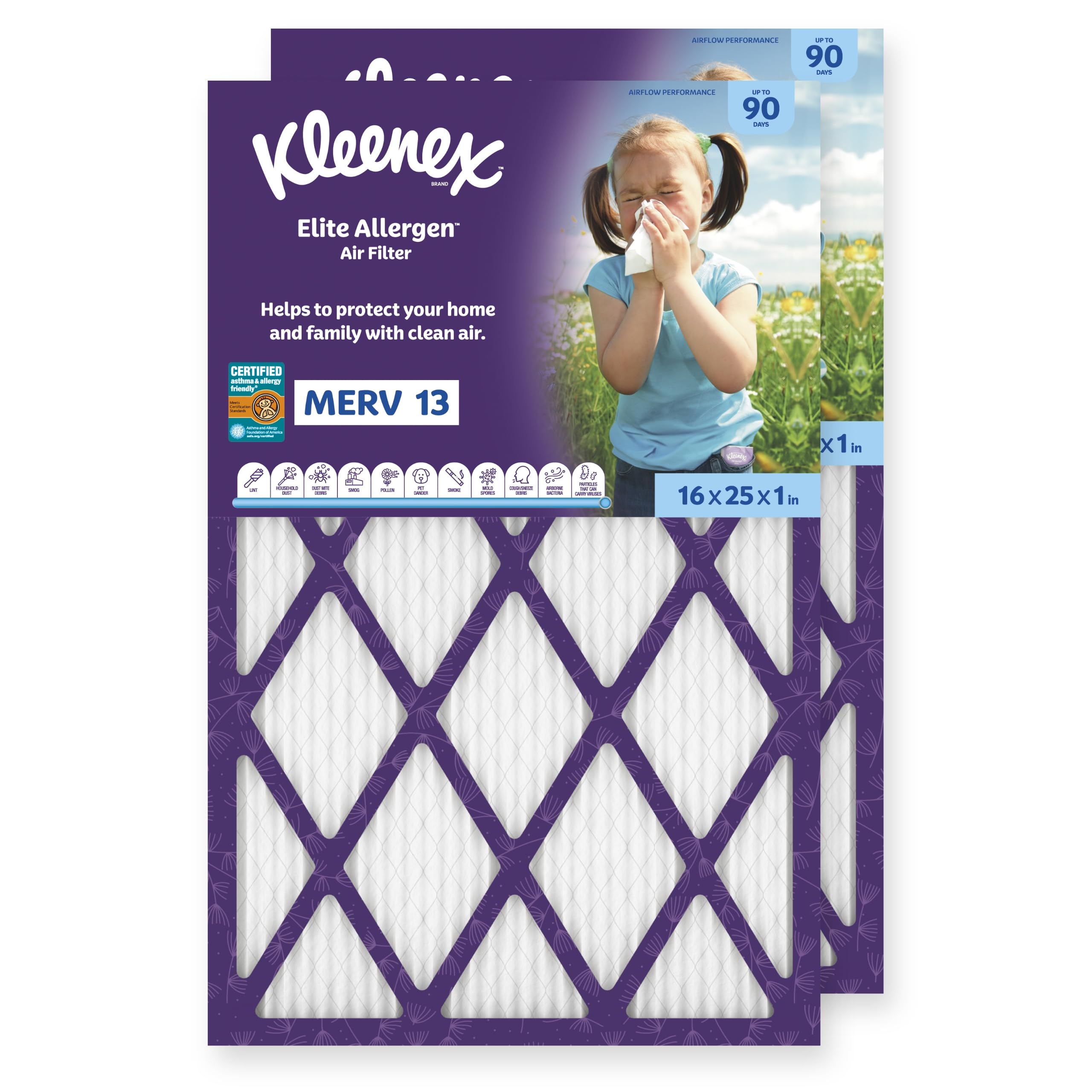 Kleenex Elite Allergen Air Filter 16x25x1 Inches - 13 MERV RATING (2-Pack)