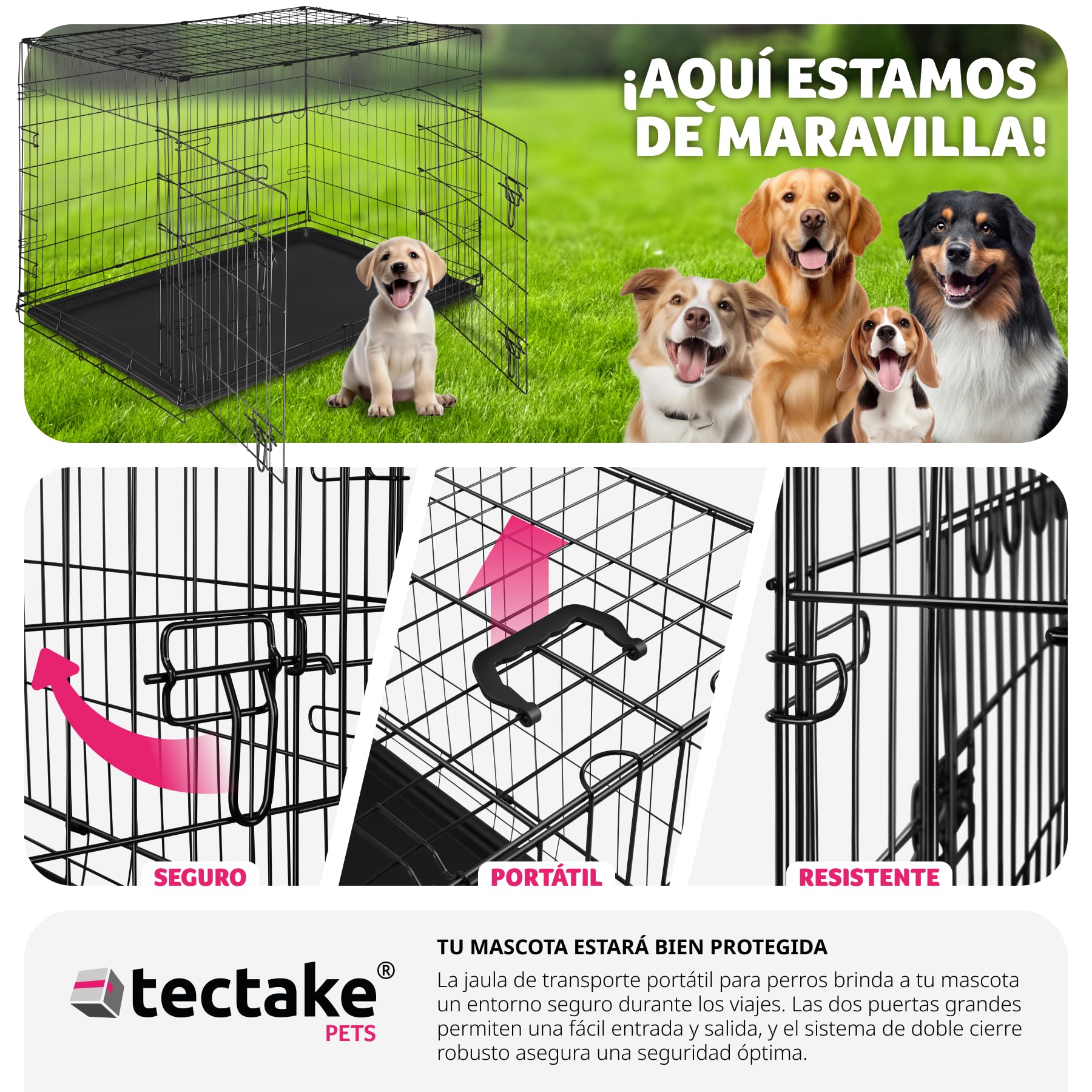 tectake® Jaula para Perros Plegable 108 x 71 x 76 cm con 2 Asas de Transporte, Resistente, Plegable Doble Puerta con Cierre y Bandeja Extraíble, Transportin Mediano Perro, Fácil Limpieza - L