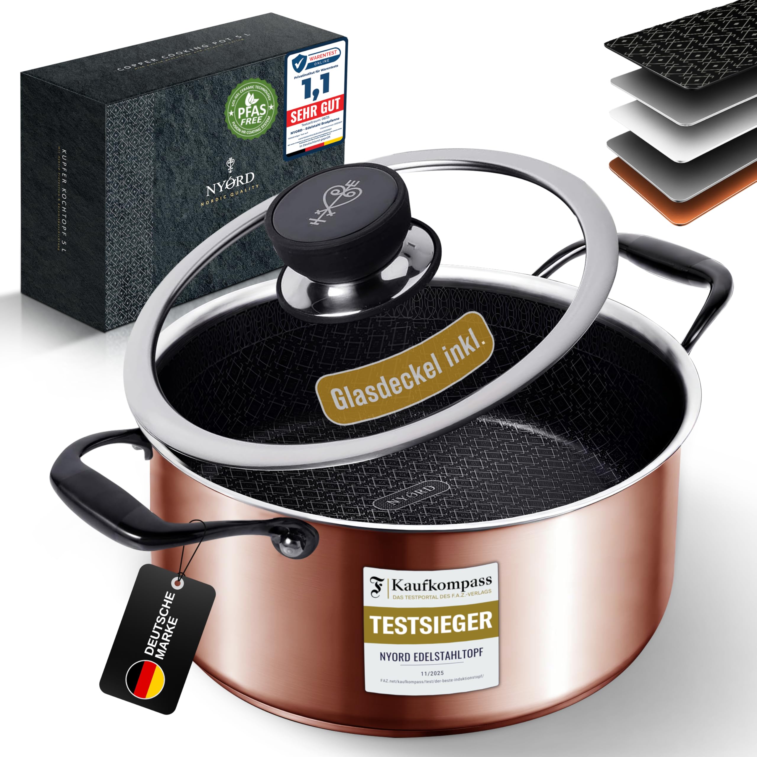 NYORD - Olla de cobre de 20 cm con protección híbrida y revestimiento cerámico, apta para vitrocerámica, gas e inducción