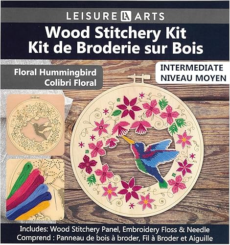 Kit de arte de cuerda cosida de madera con colibrí floral en aro, manualidades para adultos o niños, kits de manualidades para adolescentes, kit de